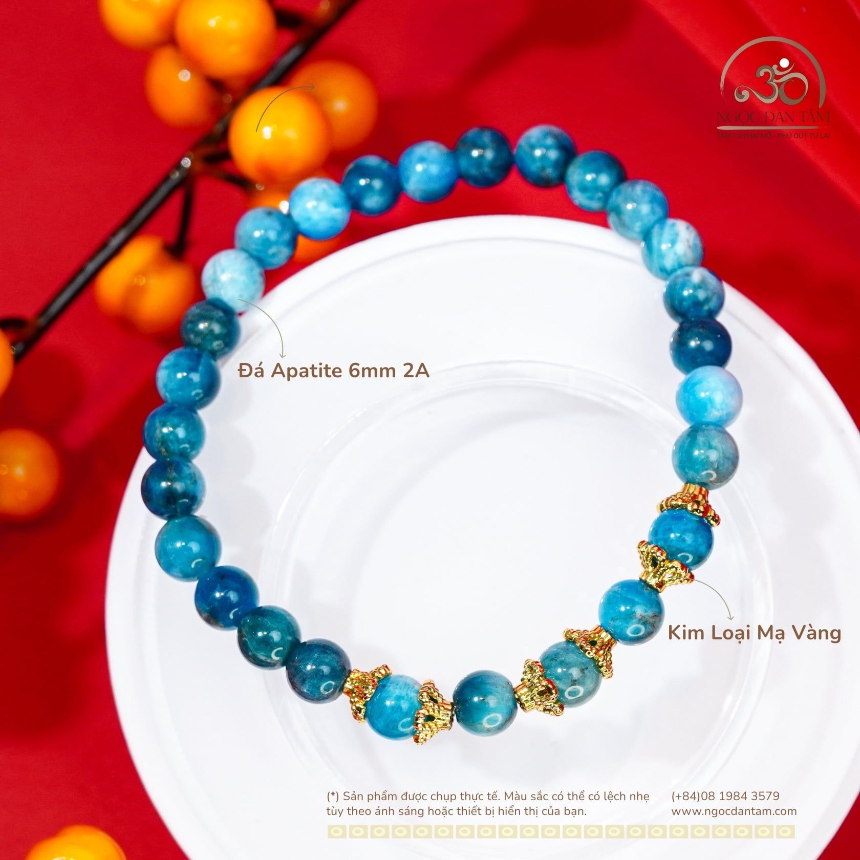  Vòng Tay Apatite 6mm 2A Phối Charm Đài Hoa Kim Loại Mạ Vàng 