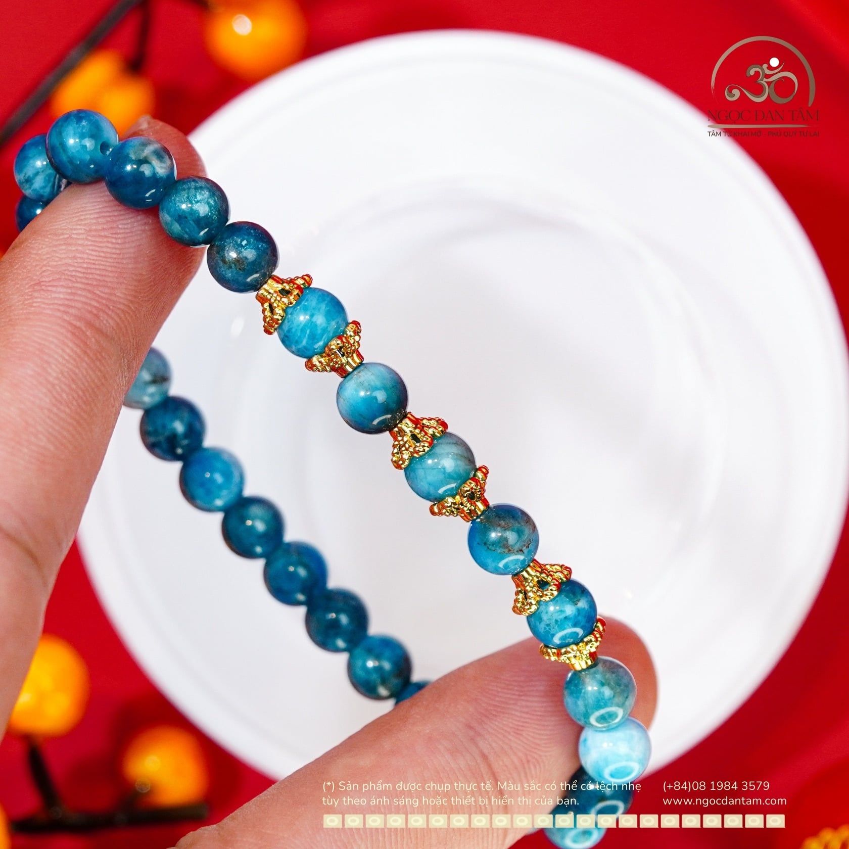  Vòng Tay Apatite 6mm 2A Phối Charm Đài Hoa Kim Loại Mạ Vàng 