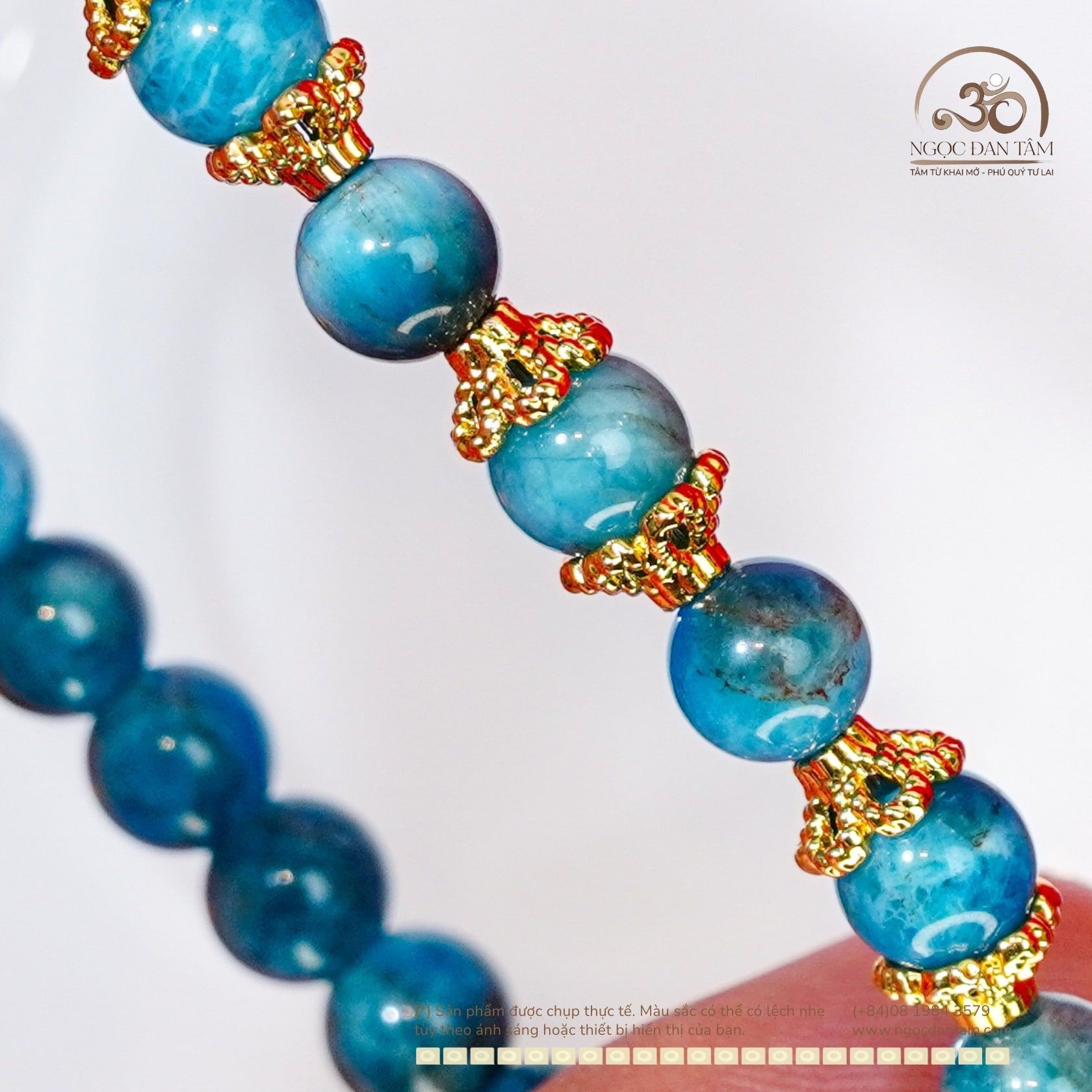  Vòng Tay Apatite 6mm 2A Phối Charm Đài Hoa Kim Loại Mạ Vàng 