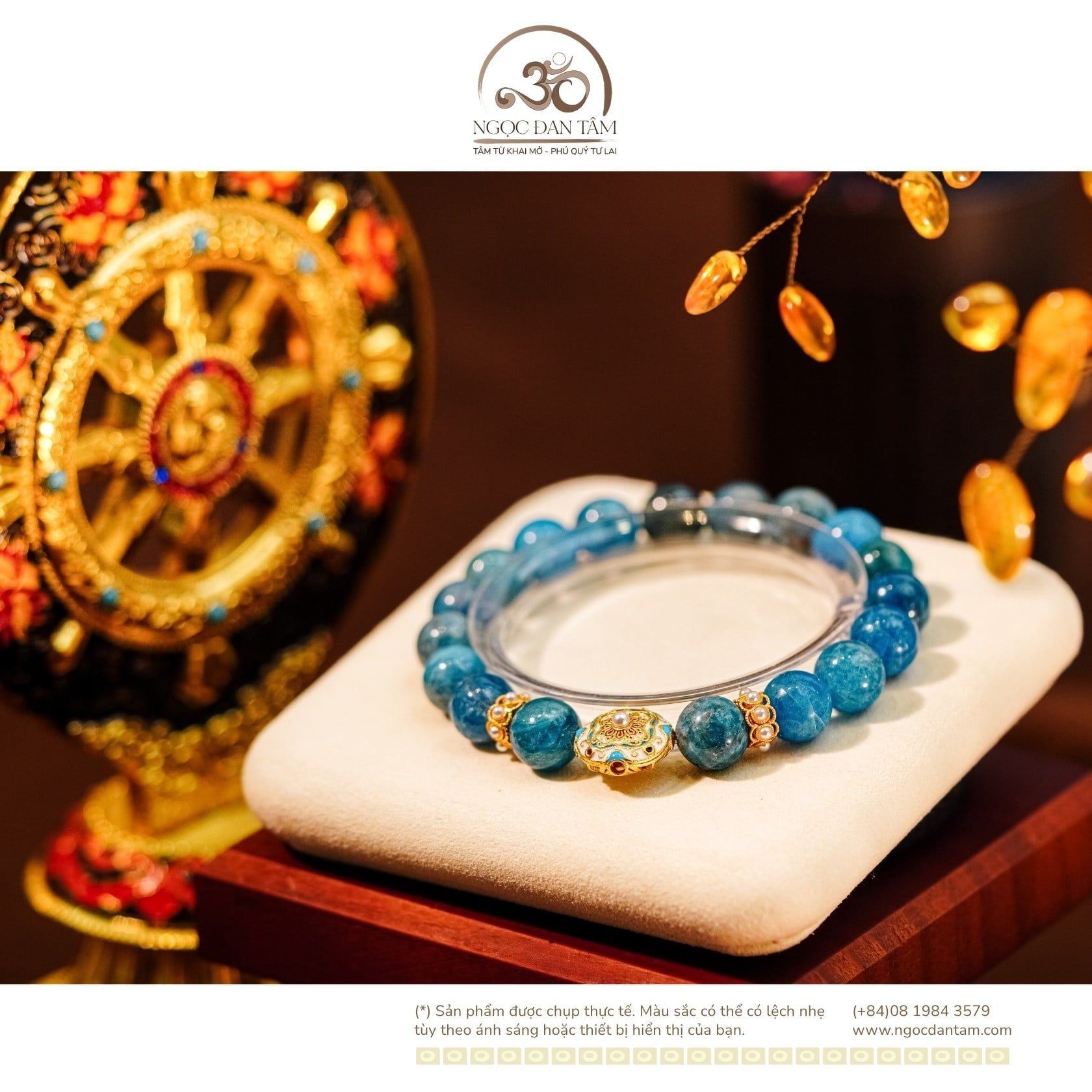  Vòng Tay Apatite 10mm 2A Phối Charm Sứ Thanh Hoa Đính Ngọc Trai 