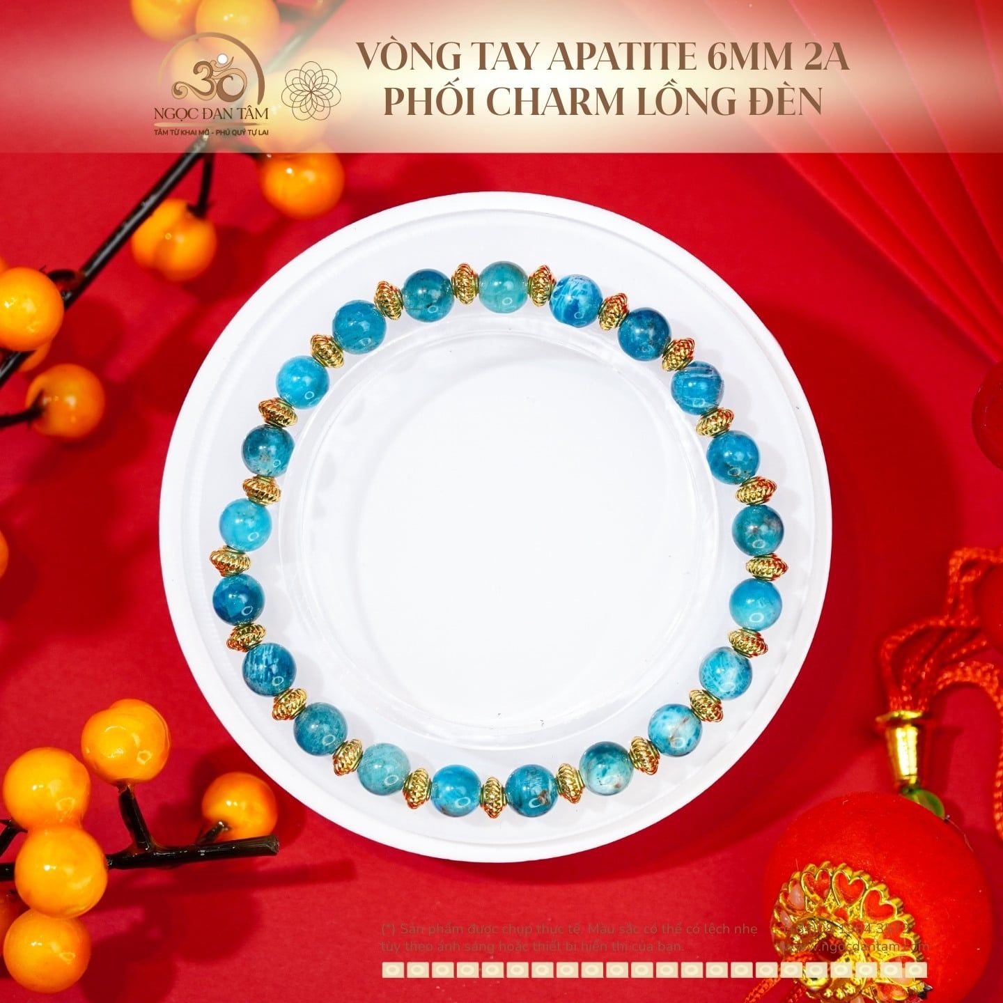  Vòng Tay Apatite 6mm 2A Phối Charm Lồng Đèn 