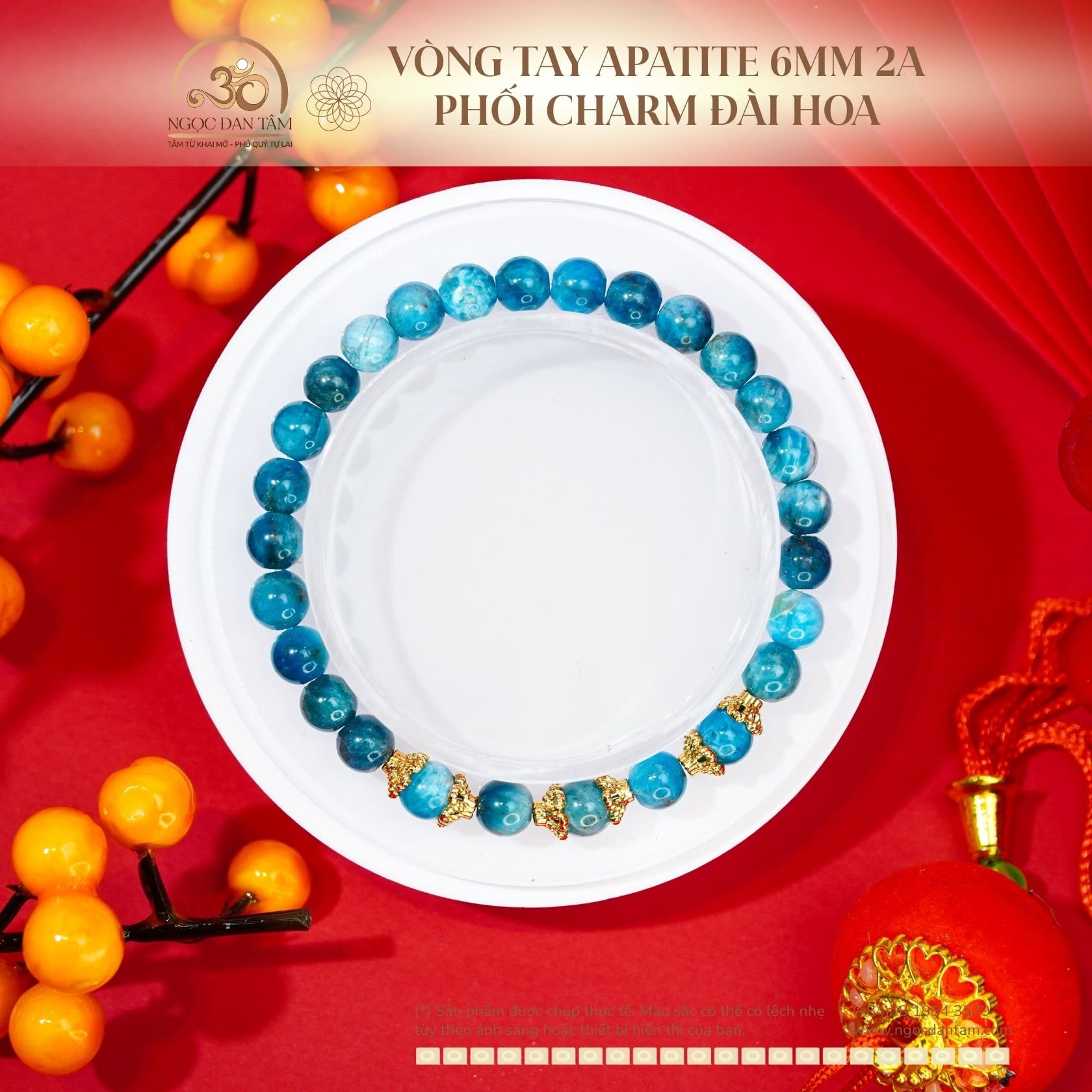  Vòng Tay Apatite 6mm 2A Phối Charm Đài Hoa Kim Loại Mạ Vàng 
