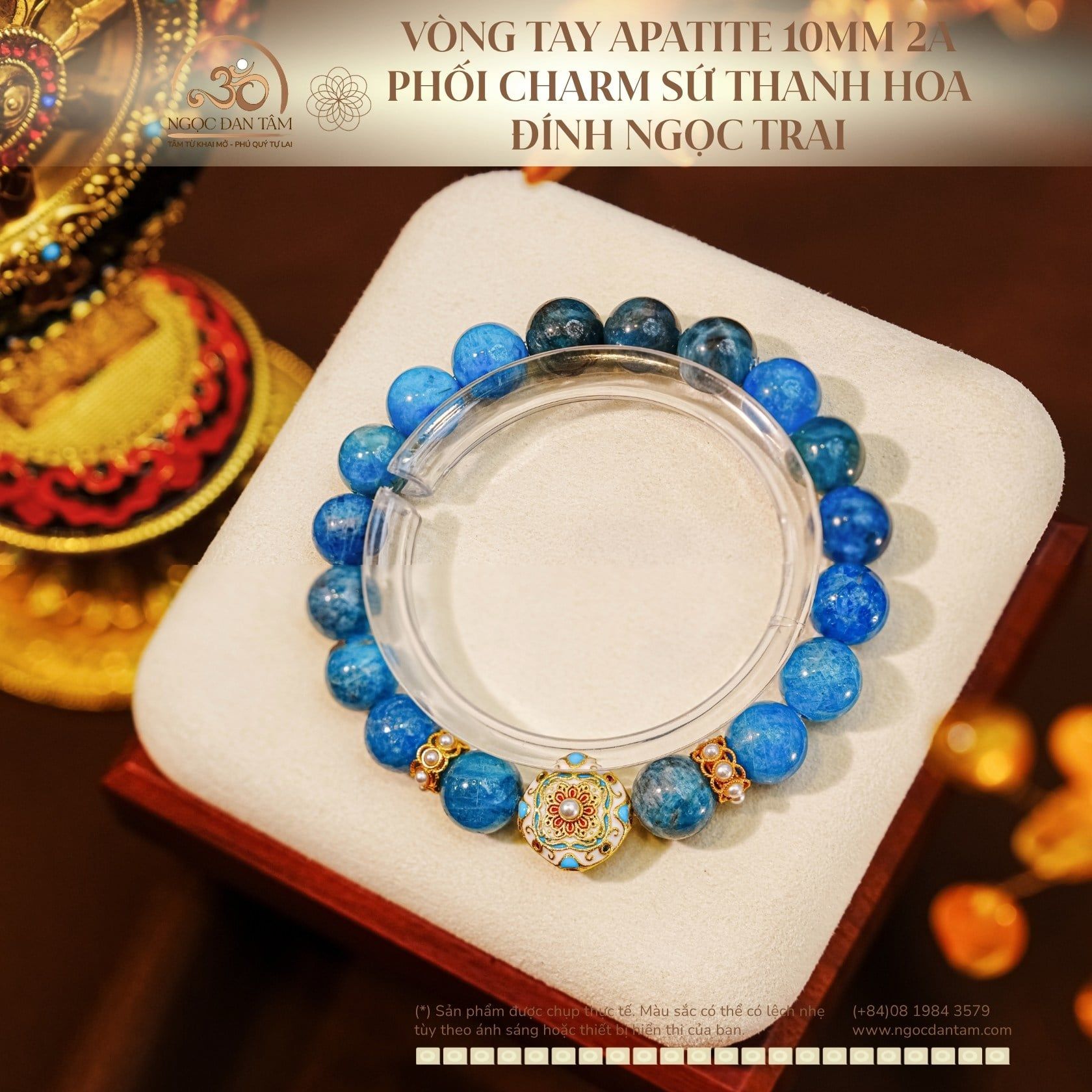  Vòng Tay Apatite 10mm 2A Phối Charm Sứ Thanh Hoa Đính Ngọc Trai 