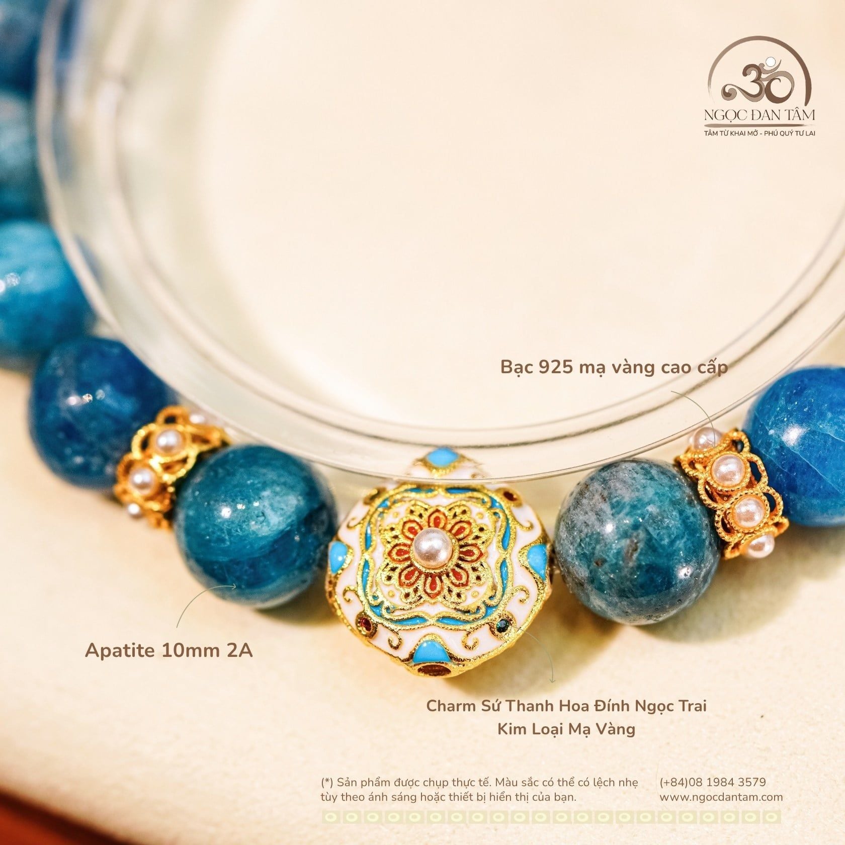  Vòng Tay Apatite 10mm 2A Phối Charm Sứ Thanh Hoa Đính Ngọc Trai 