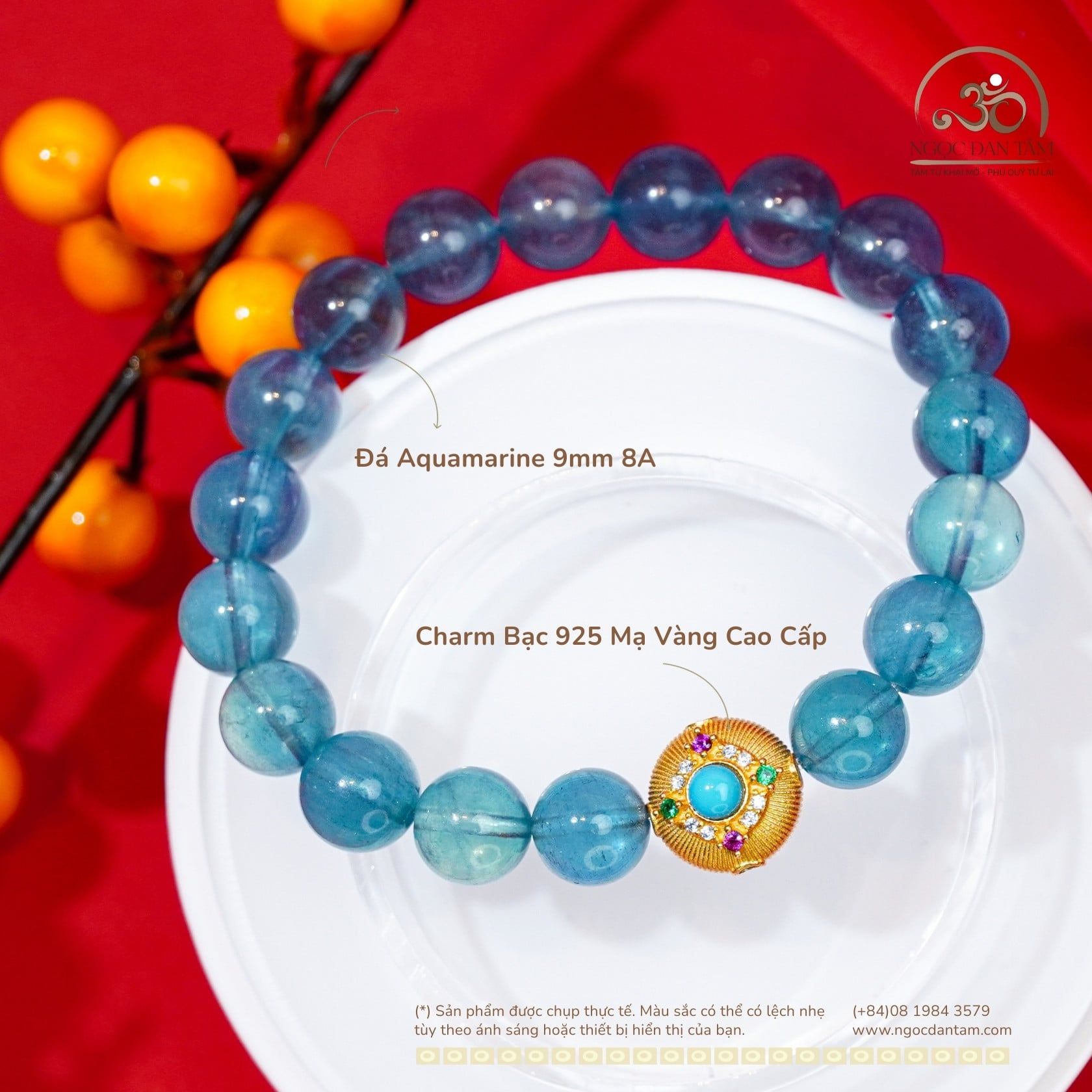  Vòng Tay Aquamarine 9mm 8A Phối Charm Tròn Đá Xanh 