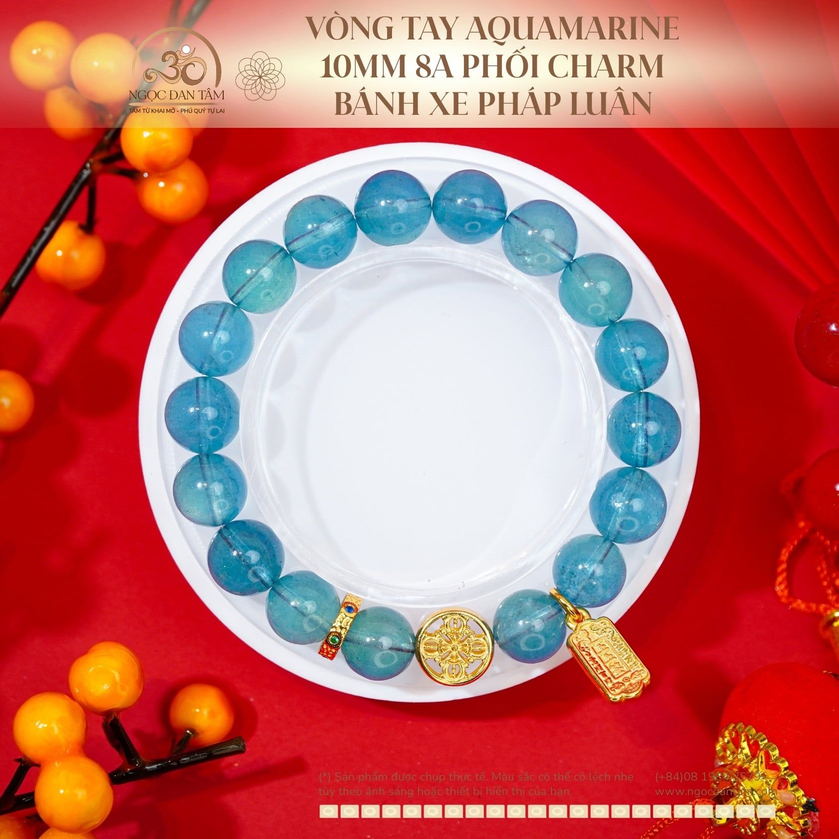  Vòng Tay Aquamarine 10mm 8A Phối Charm Bánh Xe Pháp Luân 