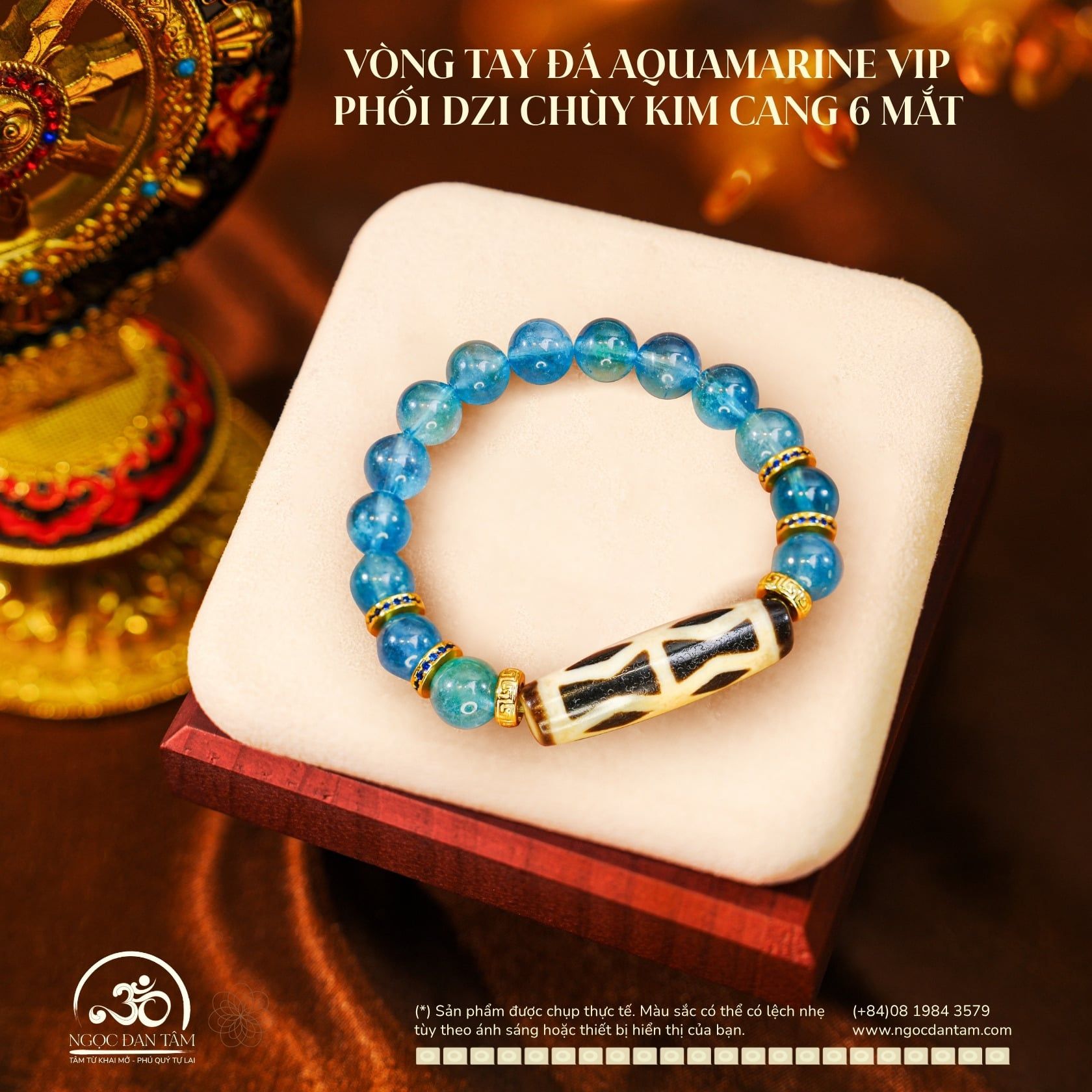  Vòng Tay Đá Aquamarine VIP 9mm 8A Phối Dzi Chùy Kim Cang 6 Mắt 