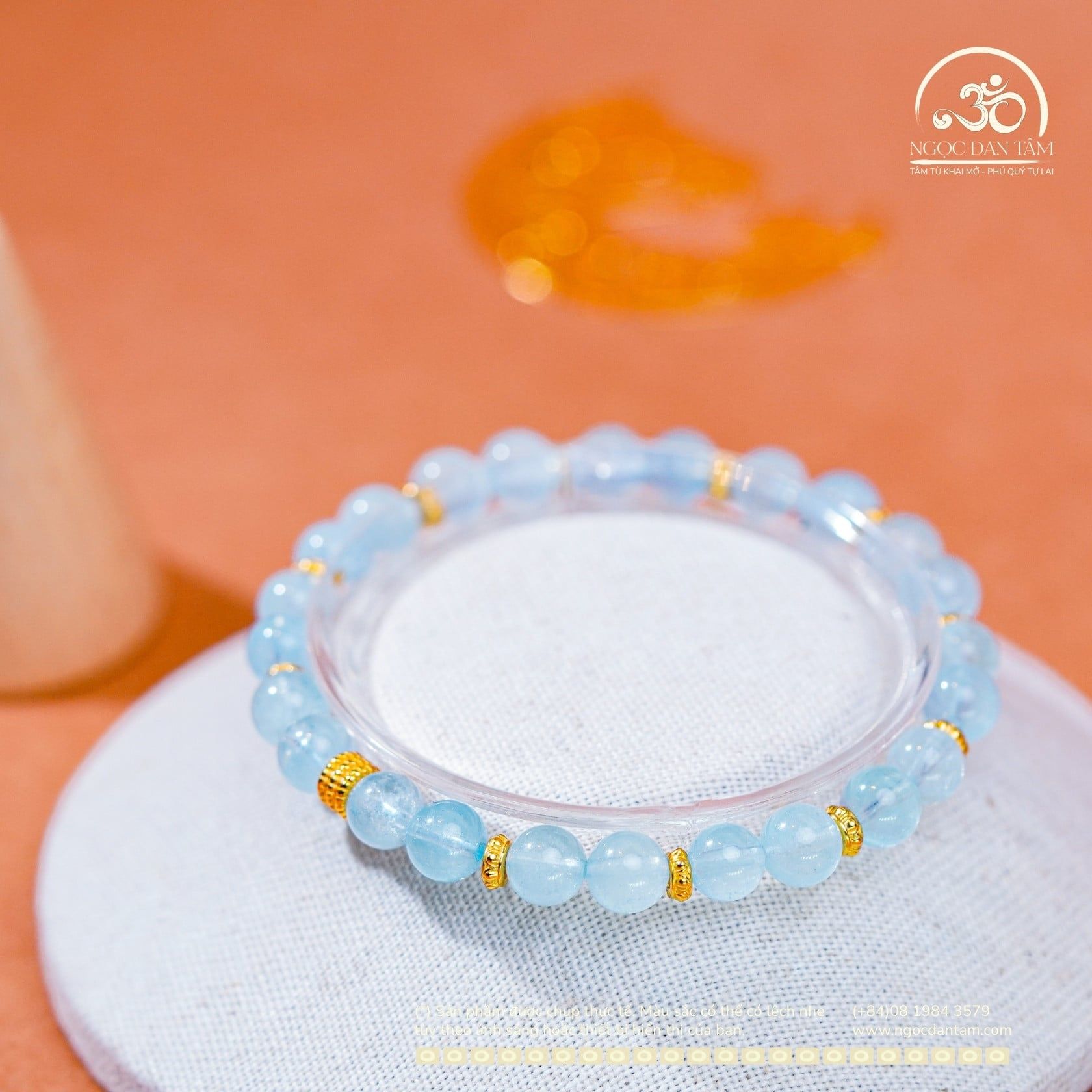  Vòng Tay Đá Aquamarine 6mm 3A Phối Charm 3 Vòng 