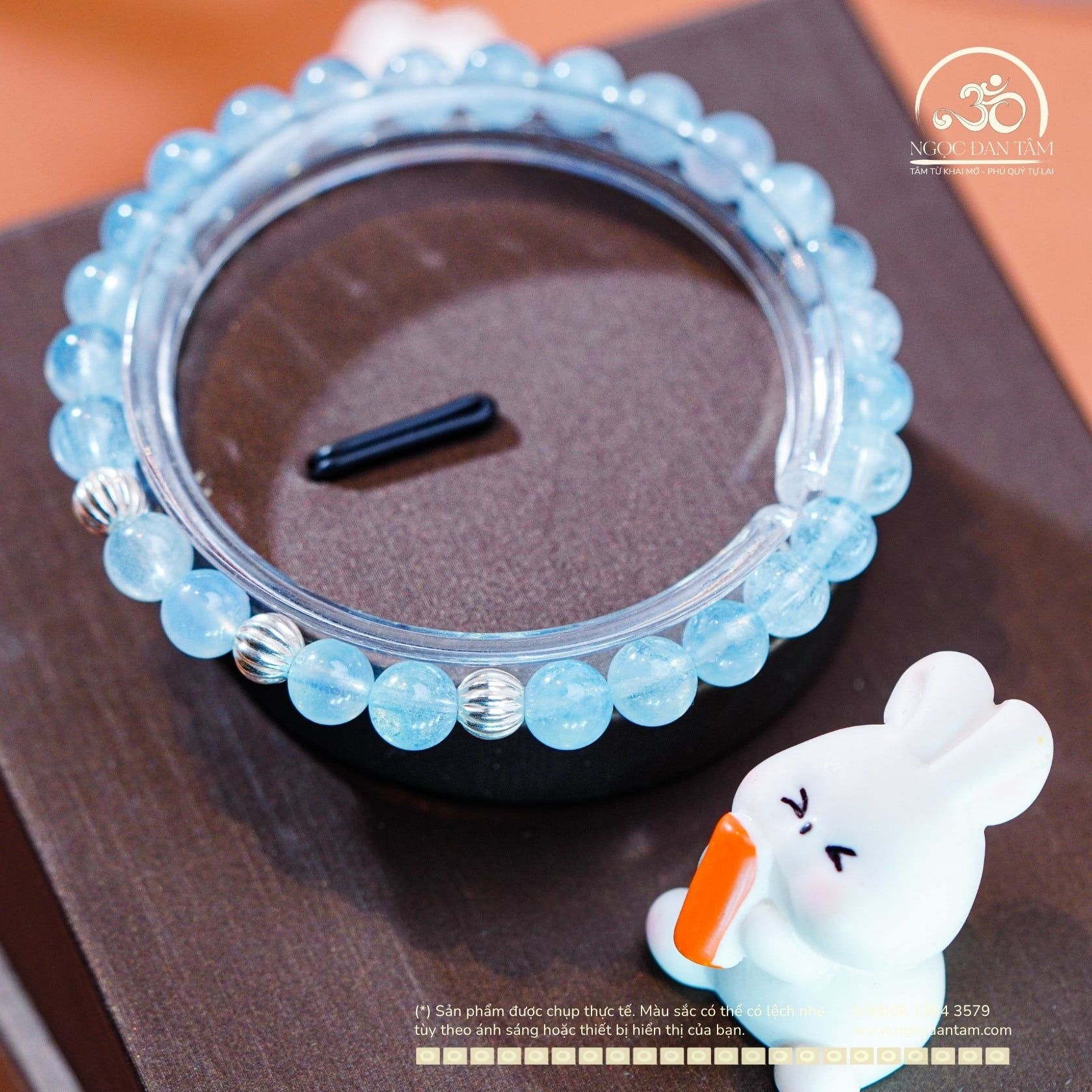  Vòng Tay Đá Aquamarine 6mm 3A Phối Charm Bi Bạc Xoắn Lớn 