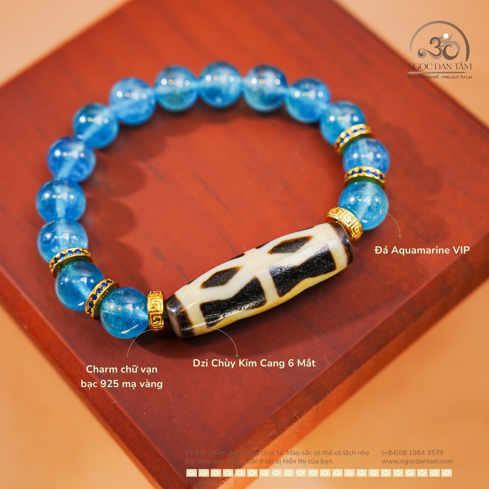 Vòng Tay Đá Aquamarine VIP 9mm 8A Phối Dzi Chùy Kim Cang 6 Mắt 