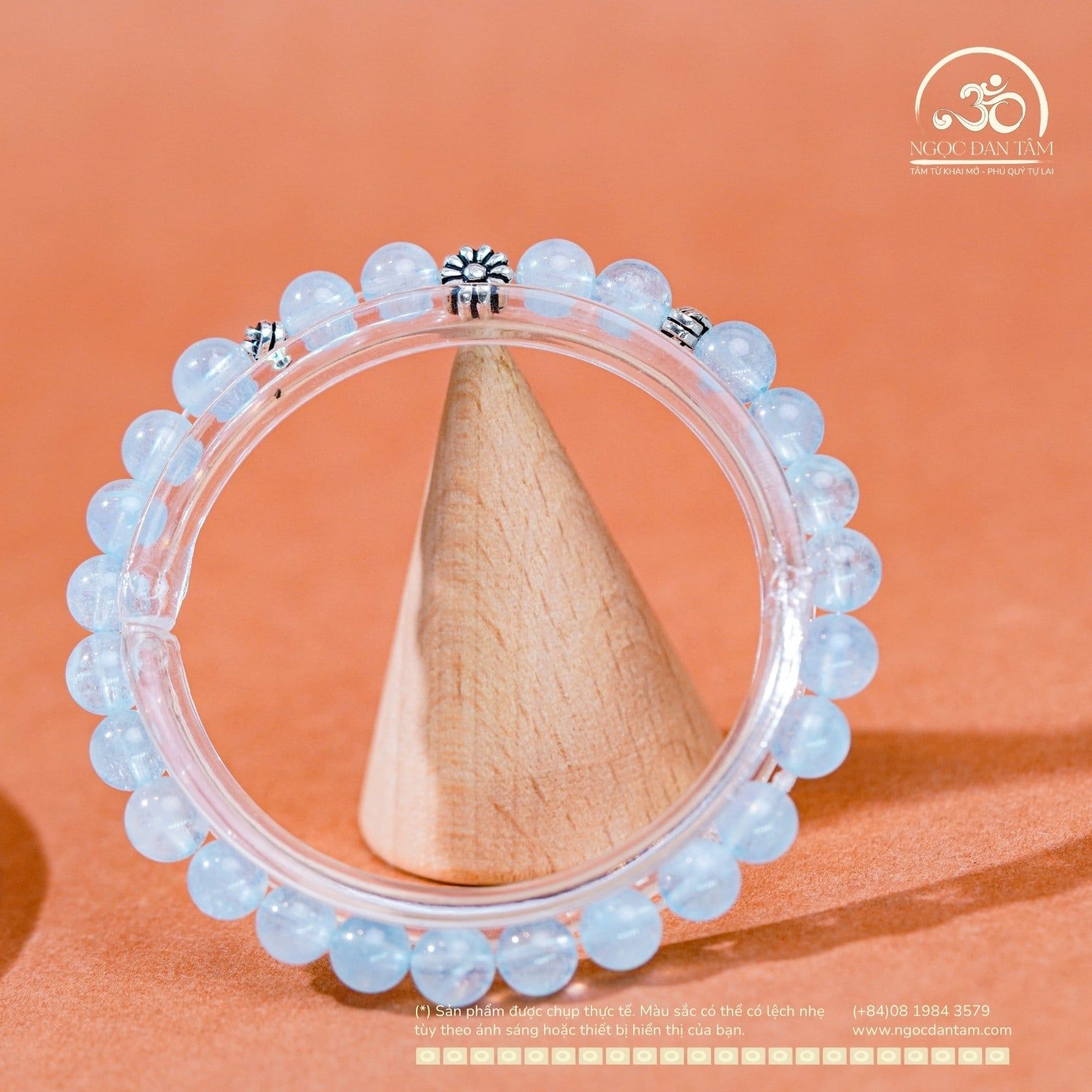  Vòng Tay Đá Aquamarine 6mm 3A Phối Charm Đệm Hoa Cúc 