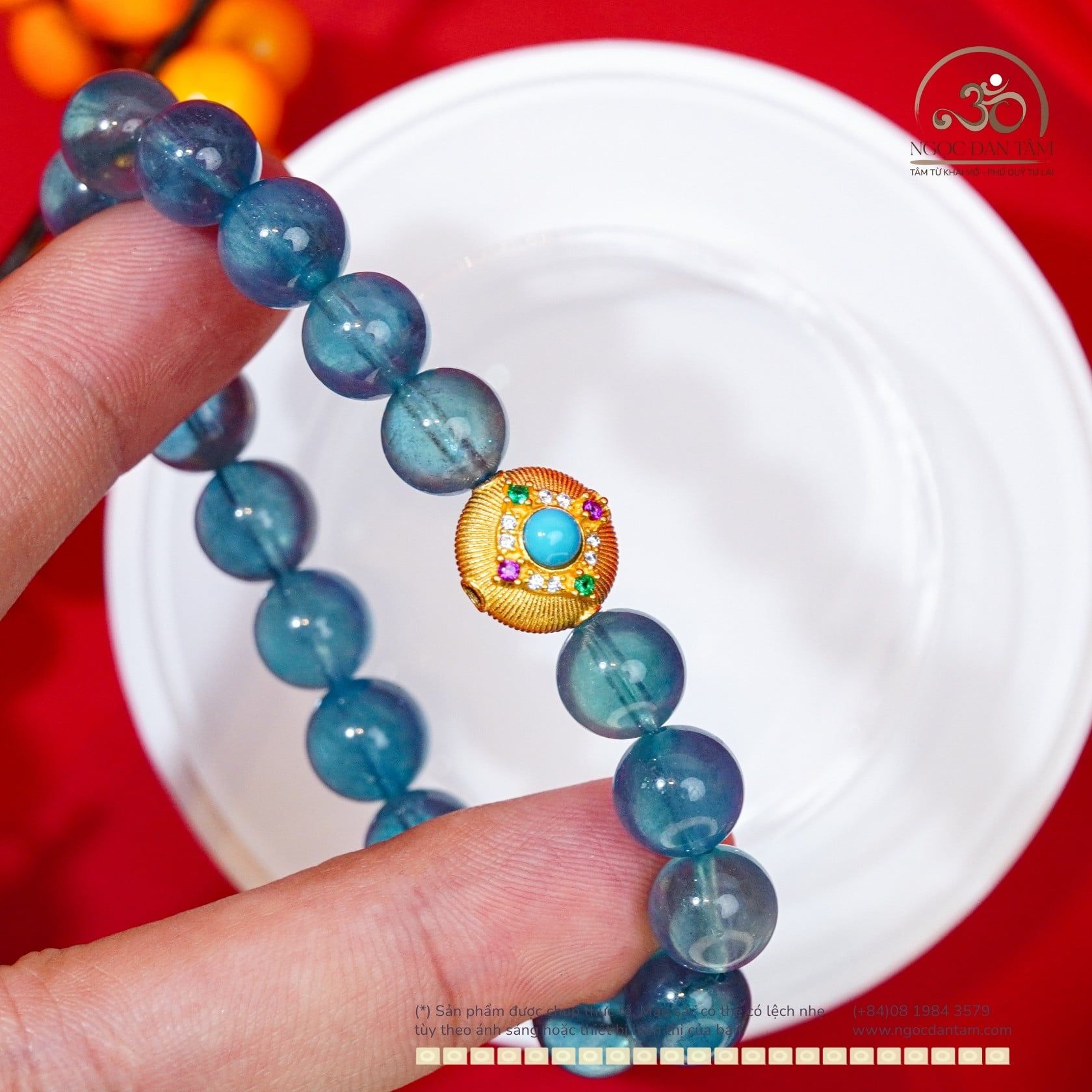  Vòng Tay Aquamarine 9mm 8A Phối Charm Tròn Đá Xanh 