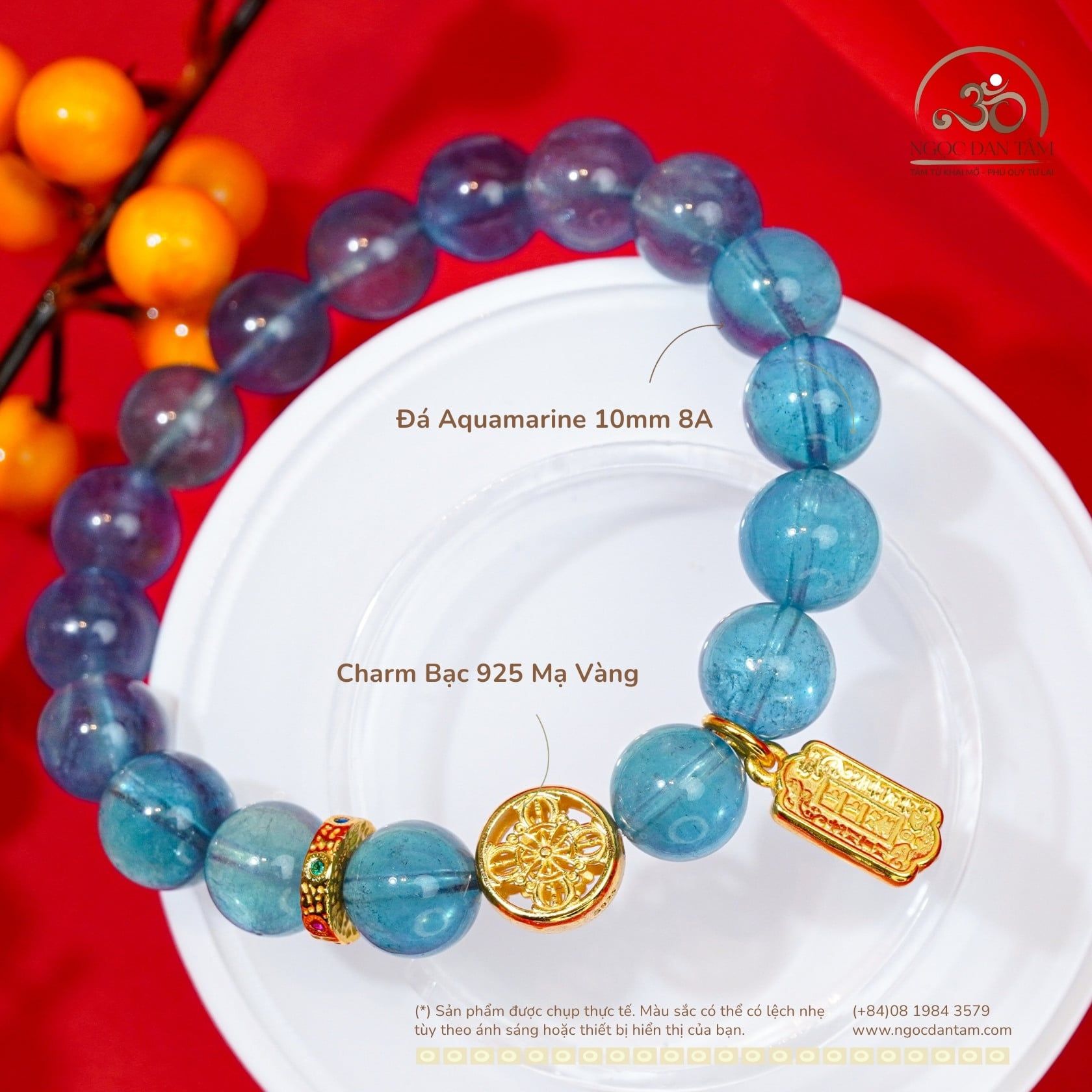  Vòng Tay Aquamarine 10mm 8A Phối Charm Bánh Xe Pháp Luân 