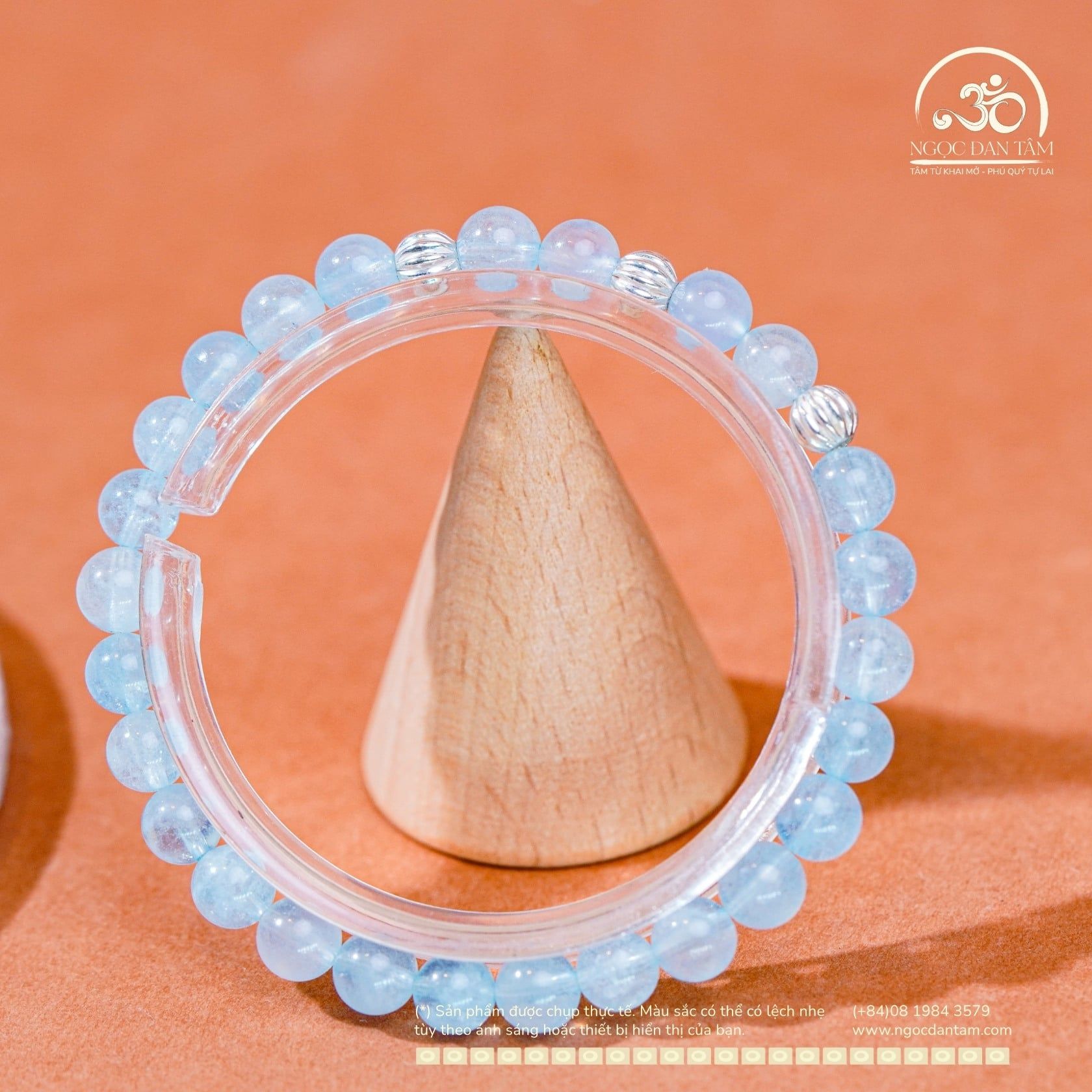  Vòng Tay Đá Aquamarine 6mm 3A Phối Charm Bi Bạc Xoắn Lớn 