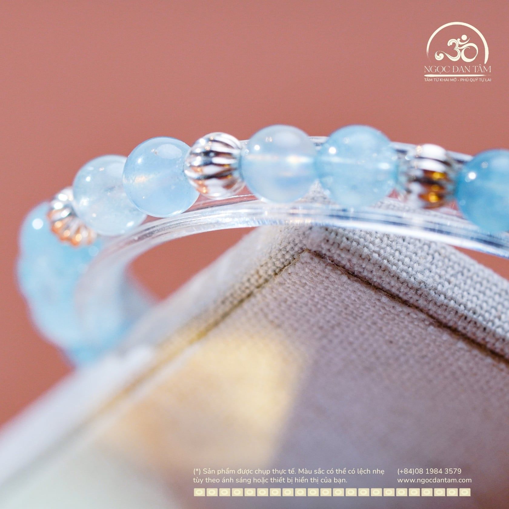  Vòng Tay Đá Aquamarine 6mm 3A Phối Charm Bi Bạc Xoắn Lớn 