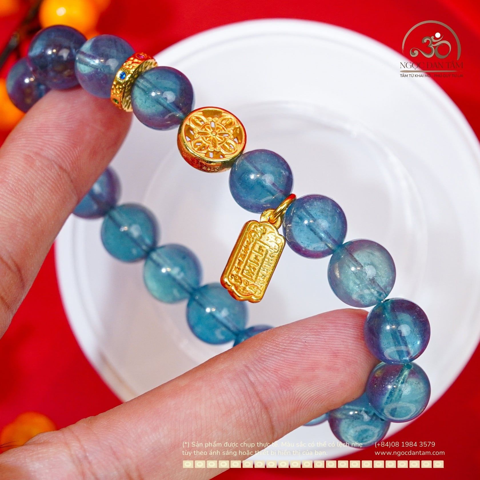  Vòng Tay Aquamarine 10mm 8A Phối Charm Bánh Xe Pháp Luân 