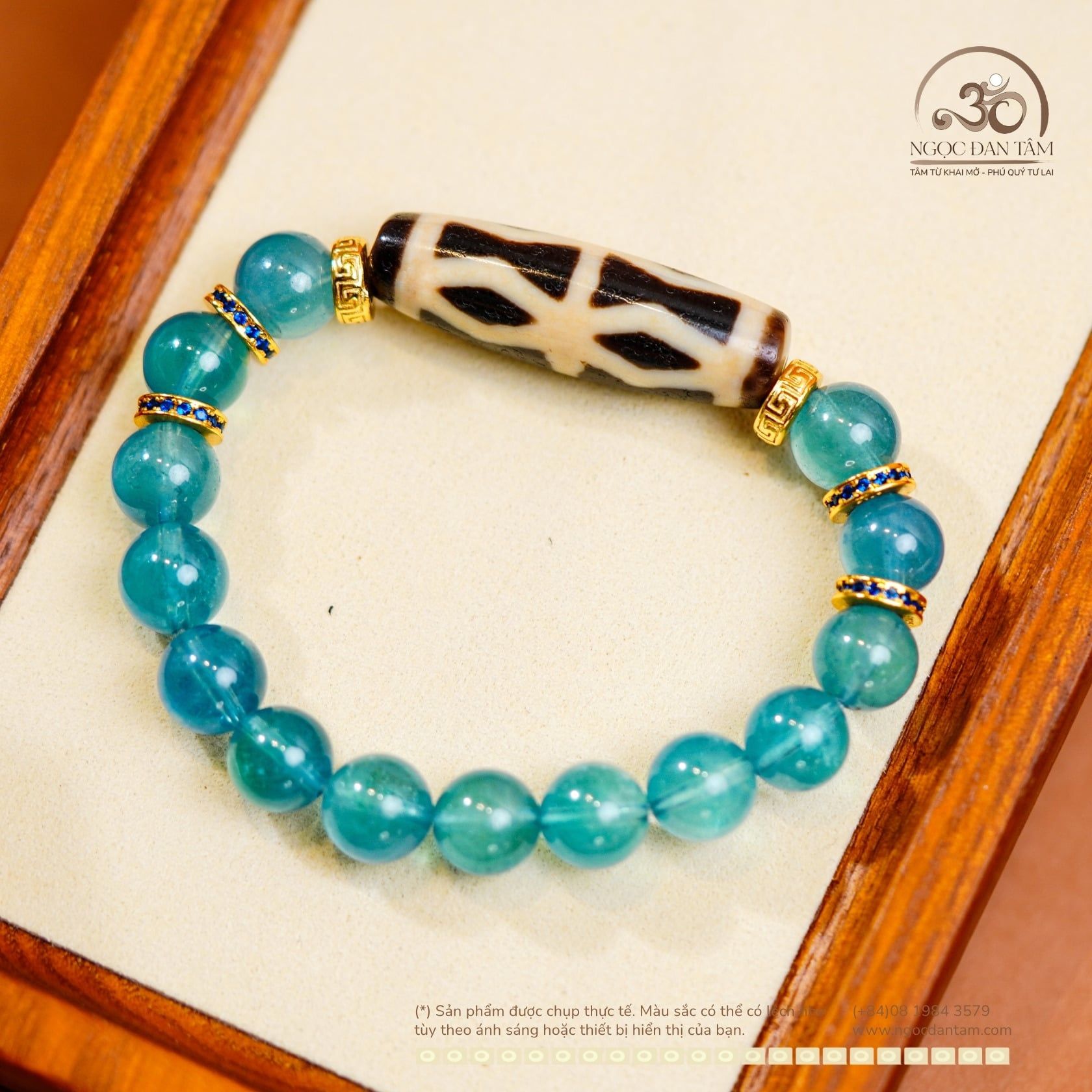  Vòng Tay Đá Aquamarine VIP 9mm 8A Phối Dzi Chùy Kim Cang 6 Mắt 
