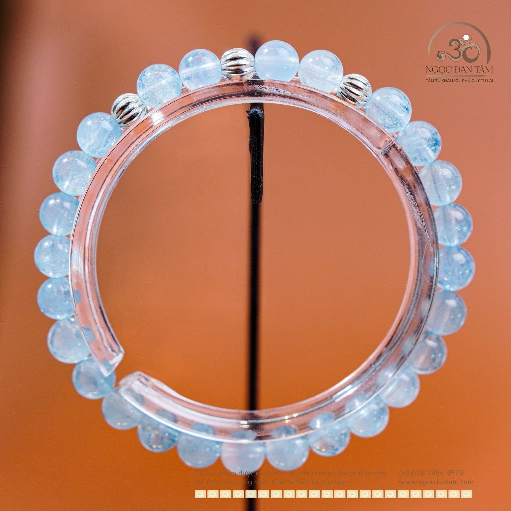  Vòng Tay Đá Aquamarine 6mm 3A Phối Charm Bi Bạc Xoắn Lớn 