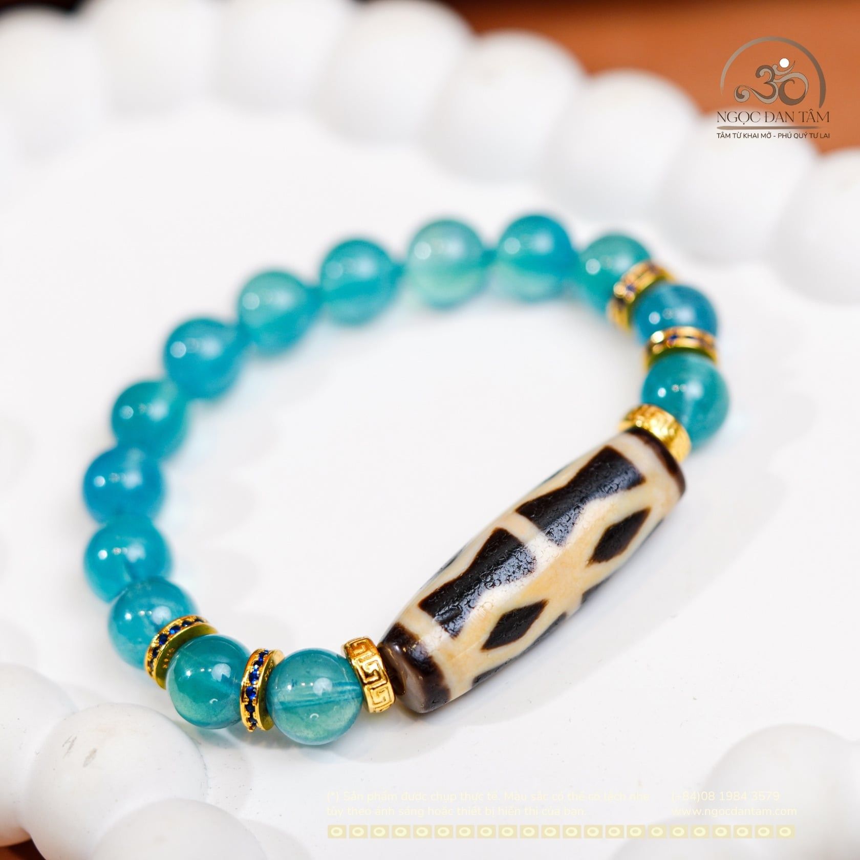  Vòng Tay Đá Aquamarine VIP 9mm 8A Phối Dzi Chùy Kim Cang 6 Mắt 
