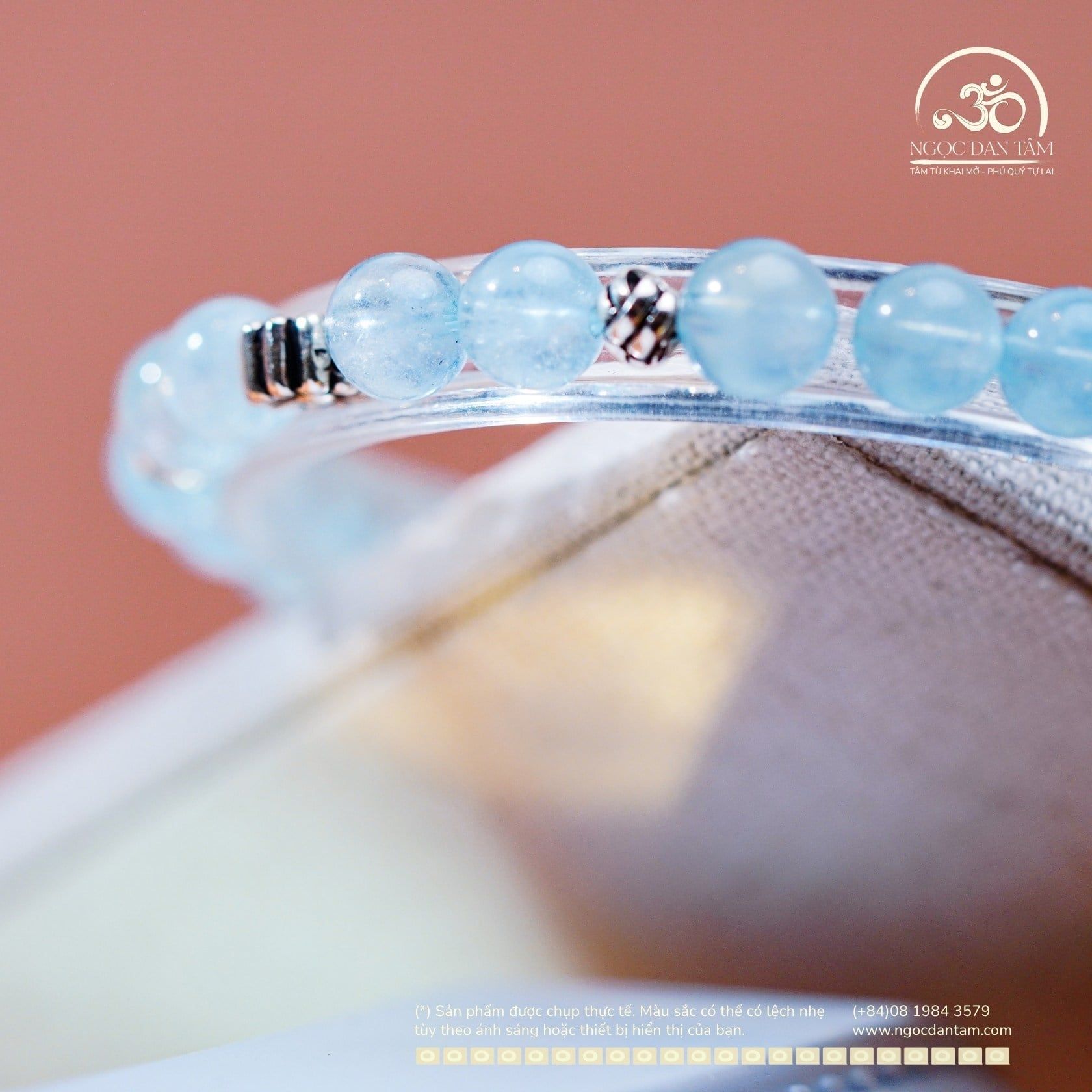  Vòng Tay Đá Aquamarine 6mm 3A Phối Charm Đệm Hoa Cúc 