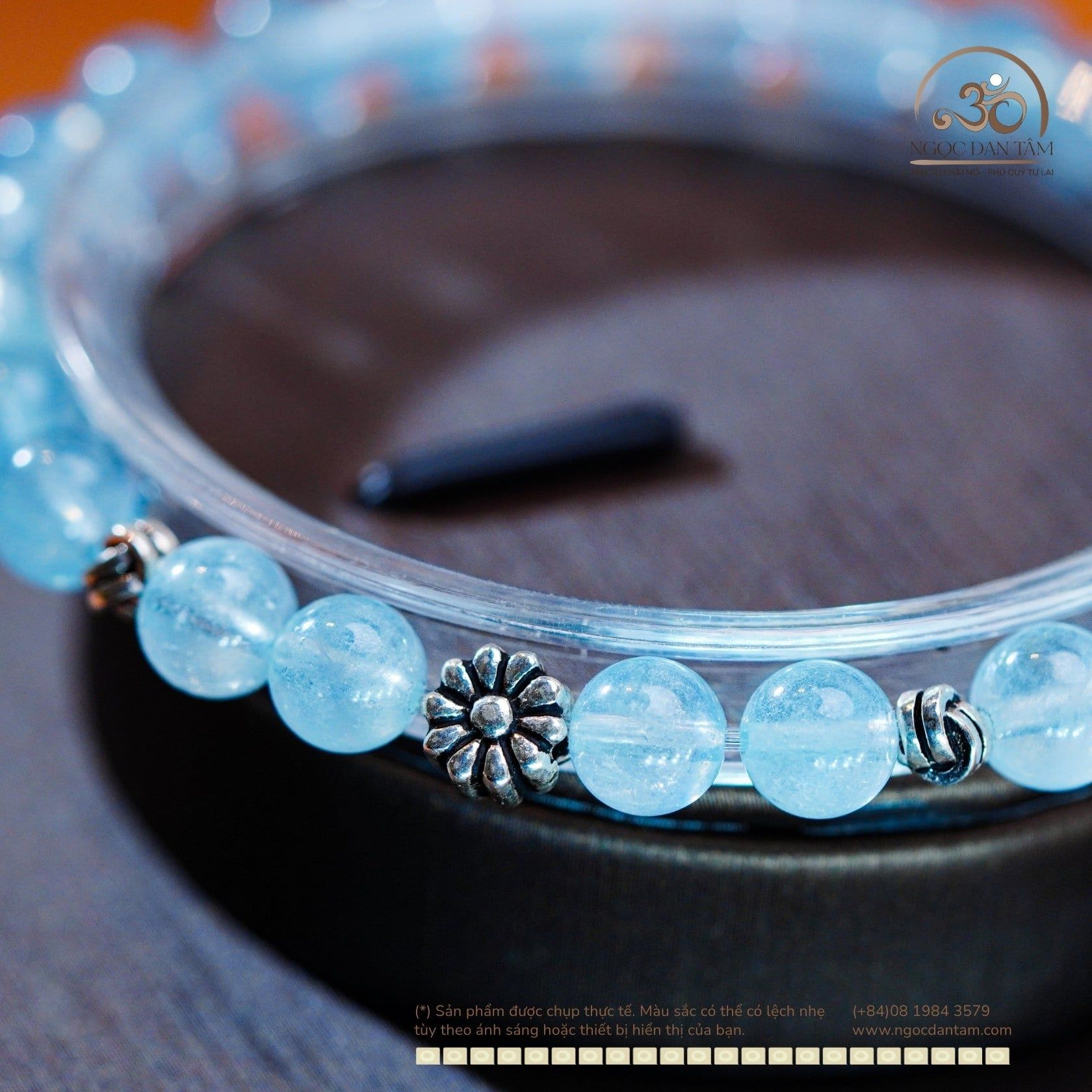  Vòng Tay Đá Aquamarine 6mm 3A Phối Charm Đệm Hoa Cúc 