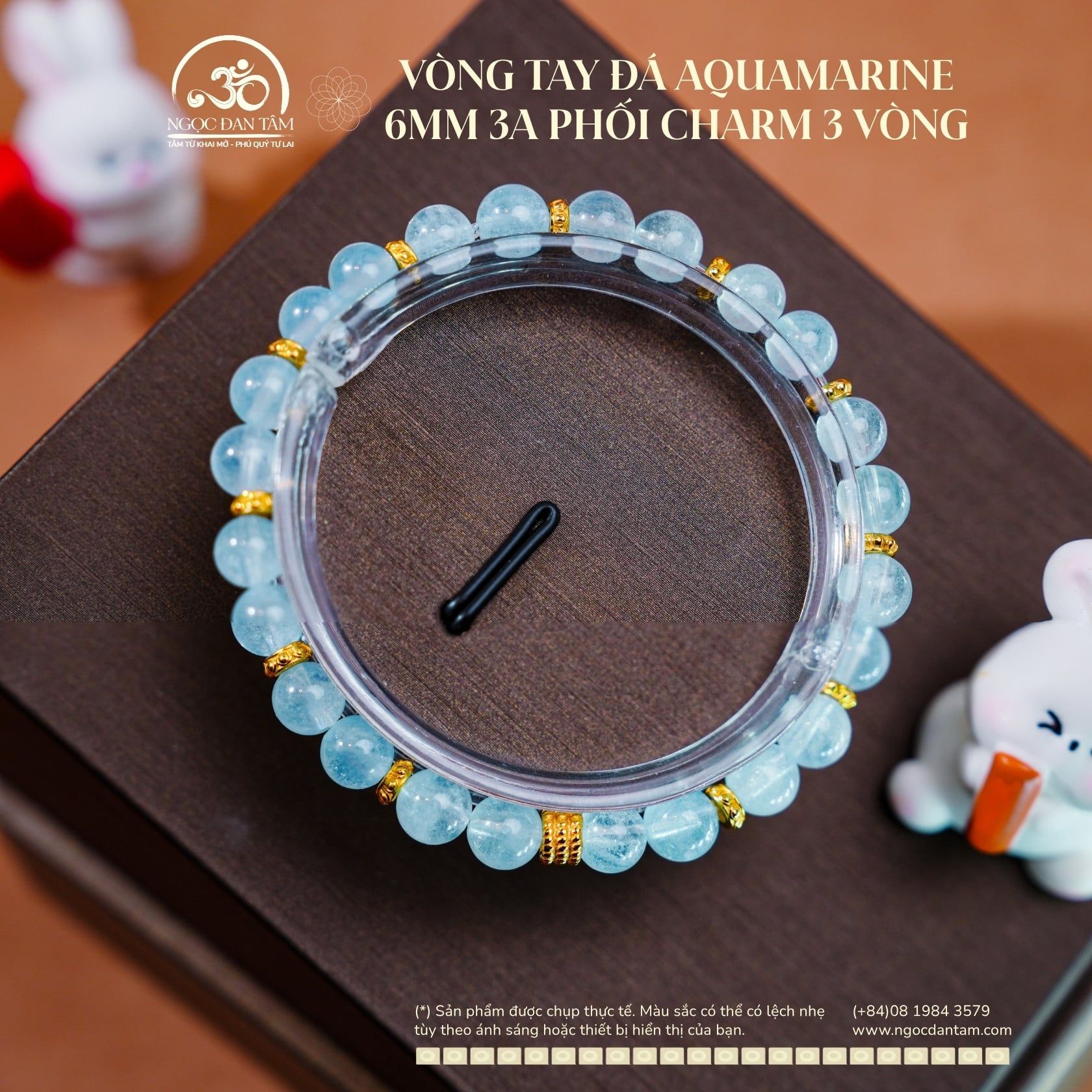  Vòng Tay Đá Aquamarine 6mm 3A Phối Charm 3 Vòng 