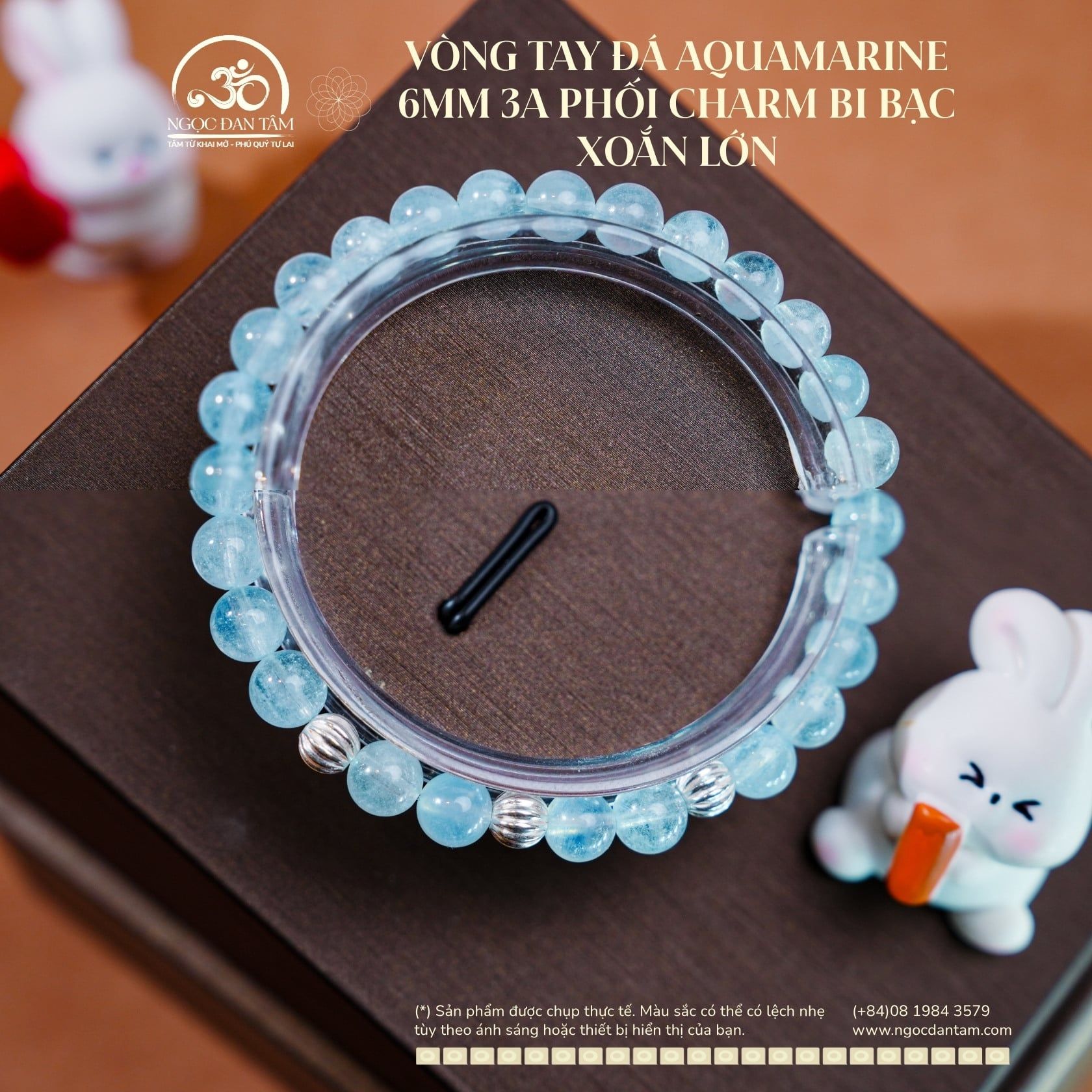  Vòng Tay Đá Aquamarine 6mm 3A Phối Charm Bi Bạc Xoắn Lớn 