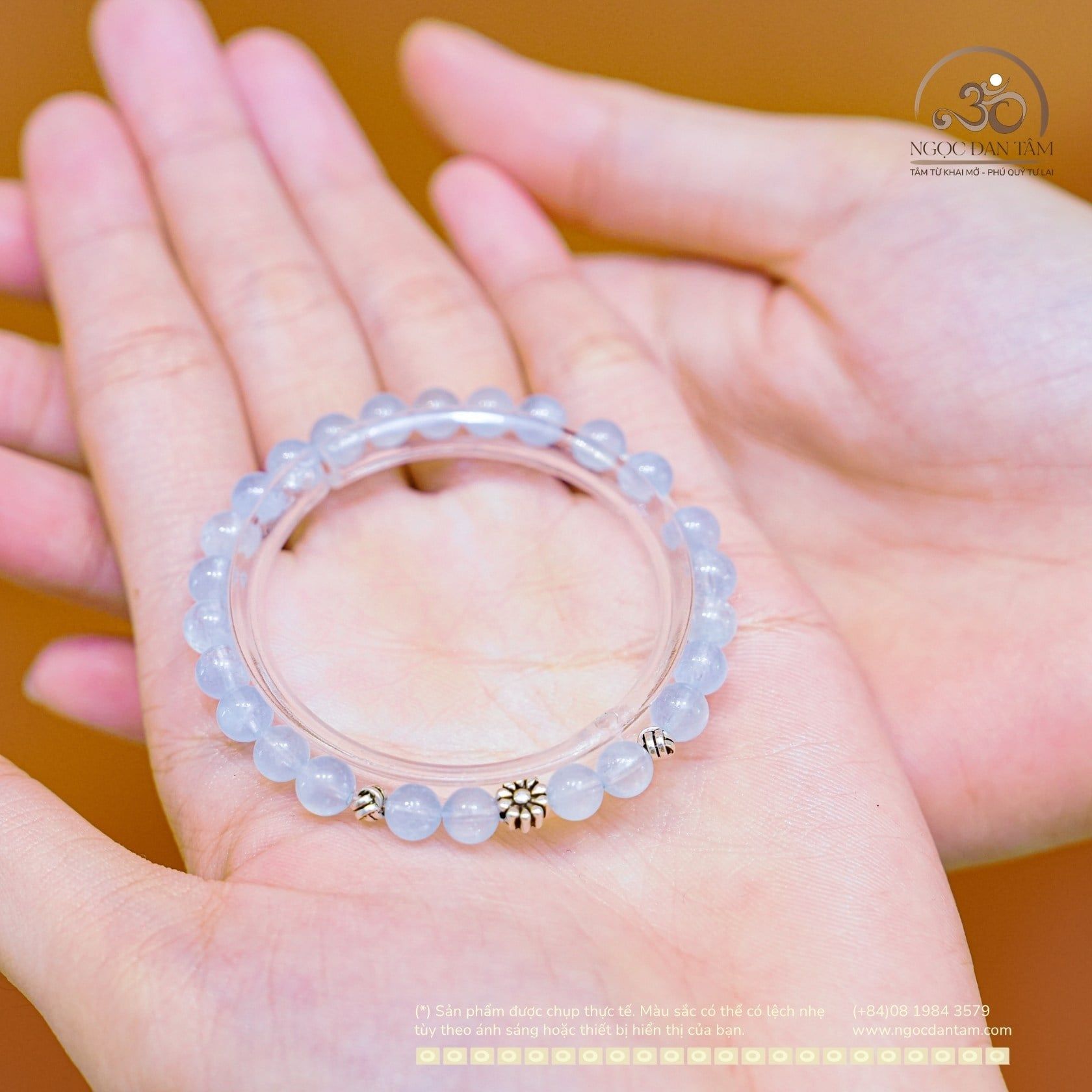  Vòng Tay Đá Aquamarine 6mm 3A Phối Charm Đệm Hoa Cúc 