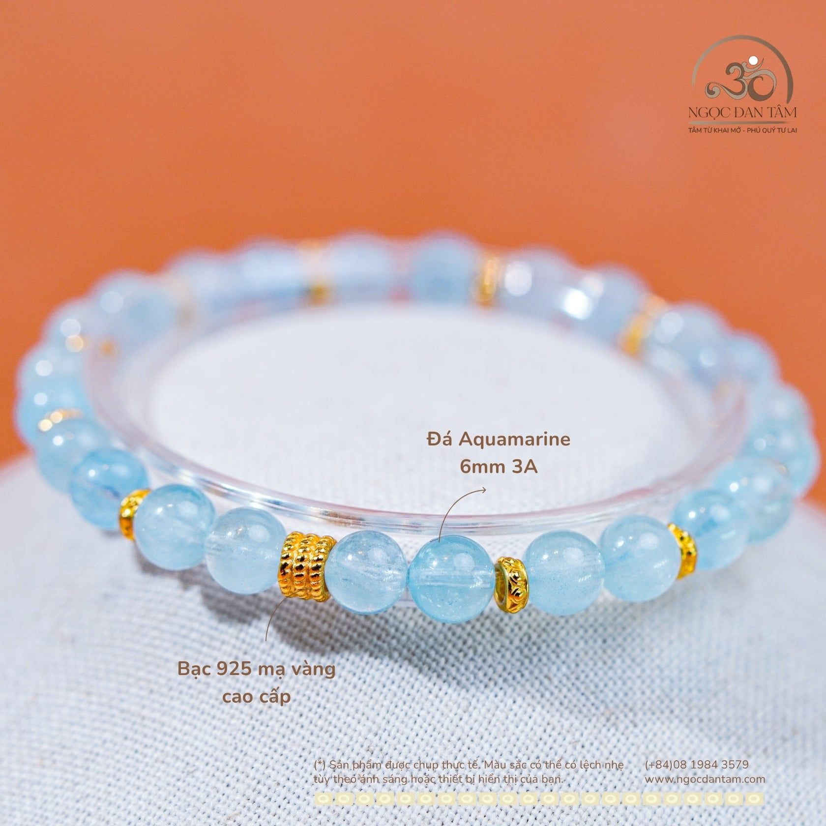  Vòng Tay Đá Aquamarine 6mm 3A Phối Charm 3 Vòng 