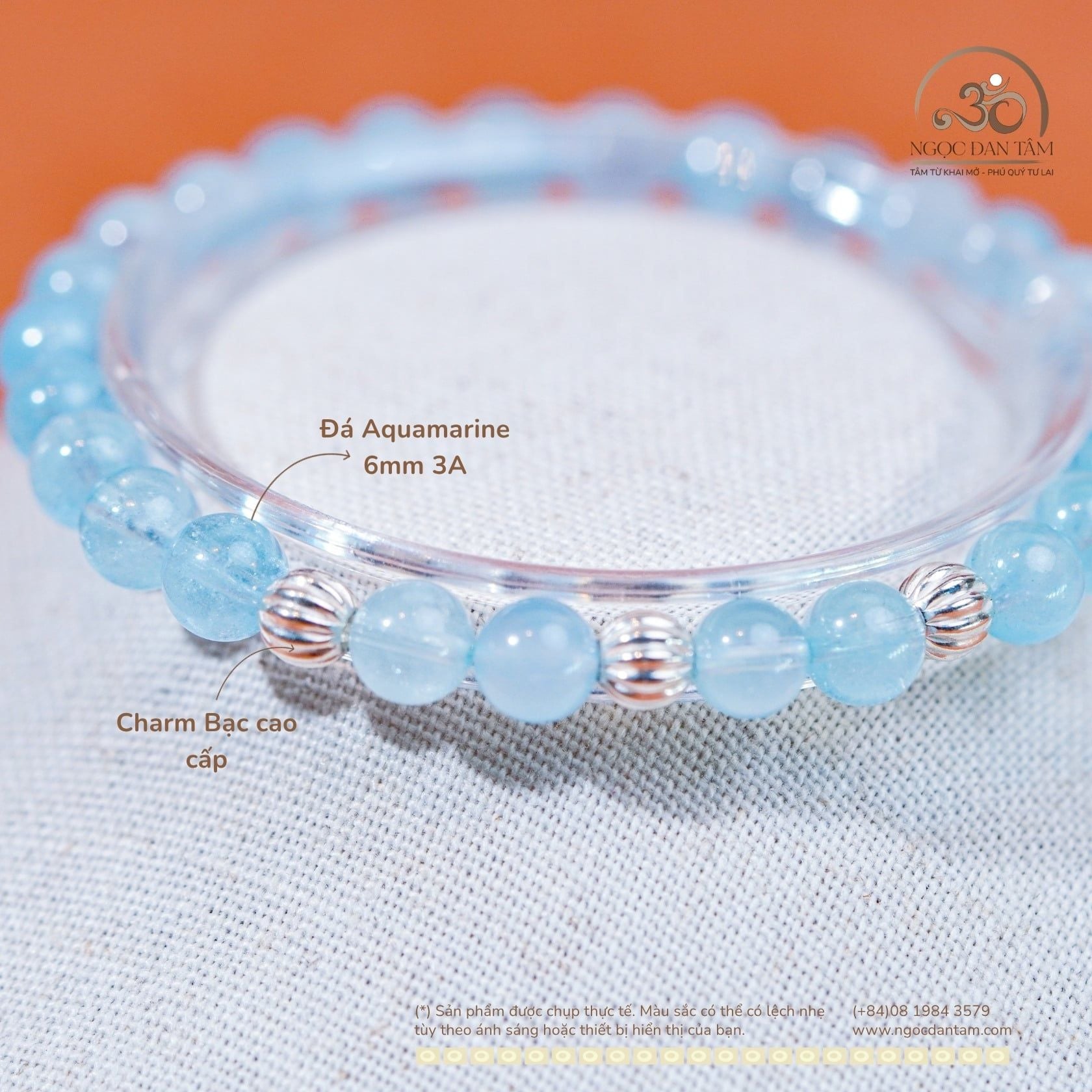  Vòng Tay Đá Aquamarine 6mm 3A Phối Charm Bi Bạc Xoắn Lớn 