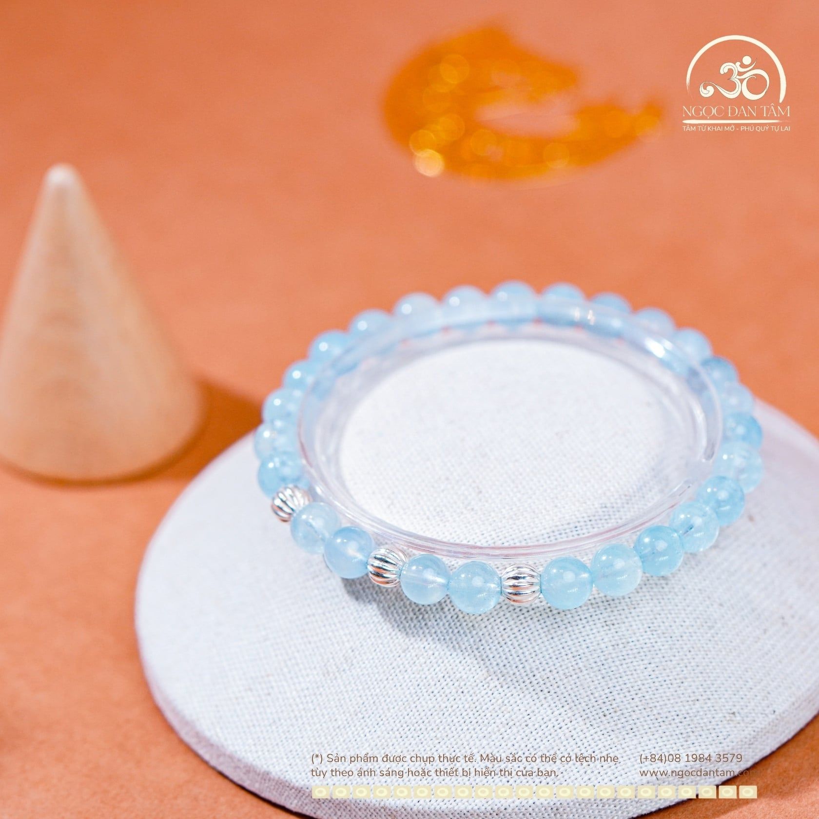  Vòng Tay Đá Aquamarine 6mm 3A Phối Charm Bi Bạc Xoắn Lớn 