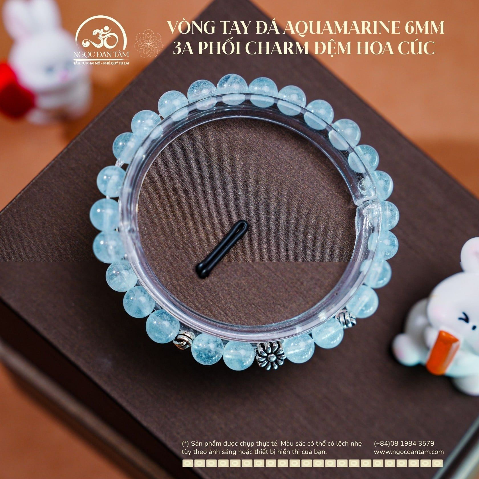  Vòng Tay Đá Aquamarine 6mm 3A Phối Charm Đệm Hoa Cúc 