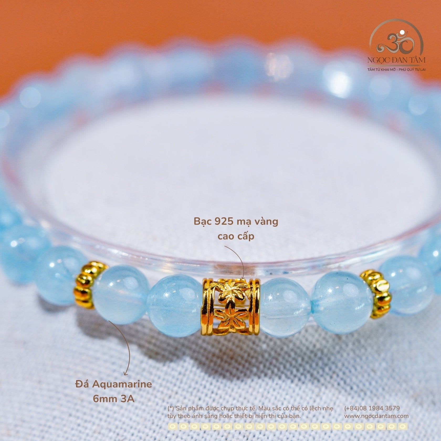 Vòng Tay Đá Aquamarine 6mm 3A Phối Charm Trụ Hoa 5 Cánh 