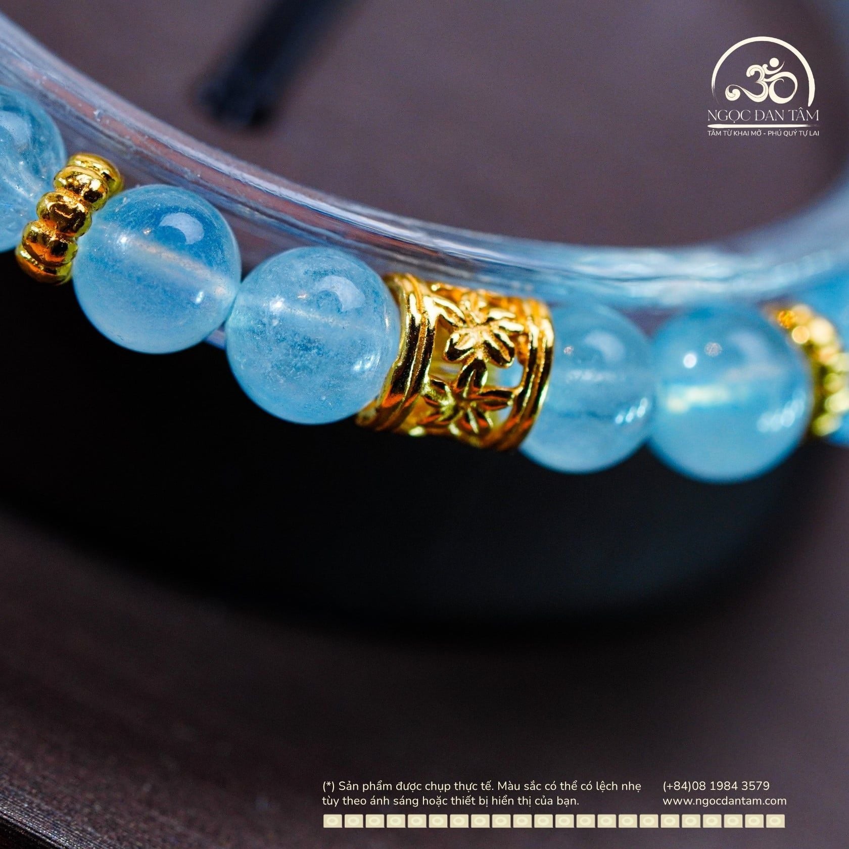  Vòng Tay Đá Aquamarine 6mm 3A Phối Charm Trụ Hoa 5 Cánh 