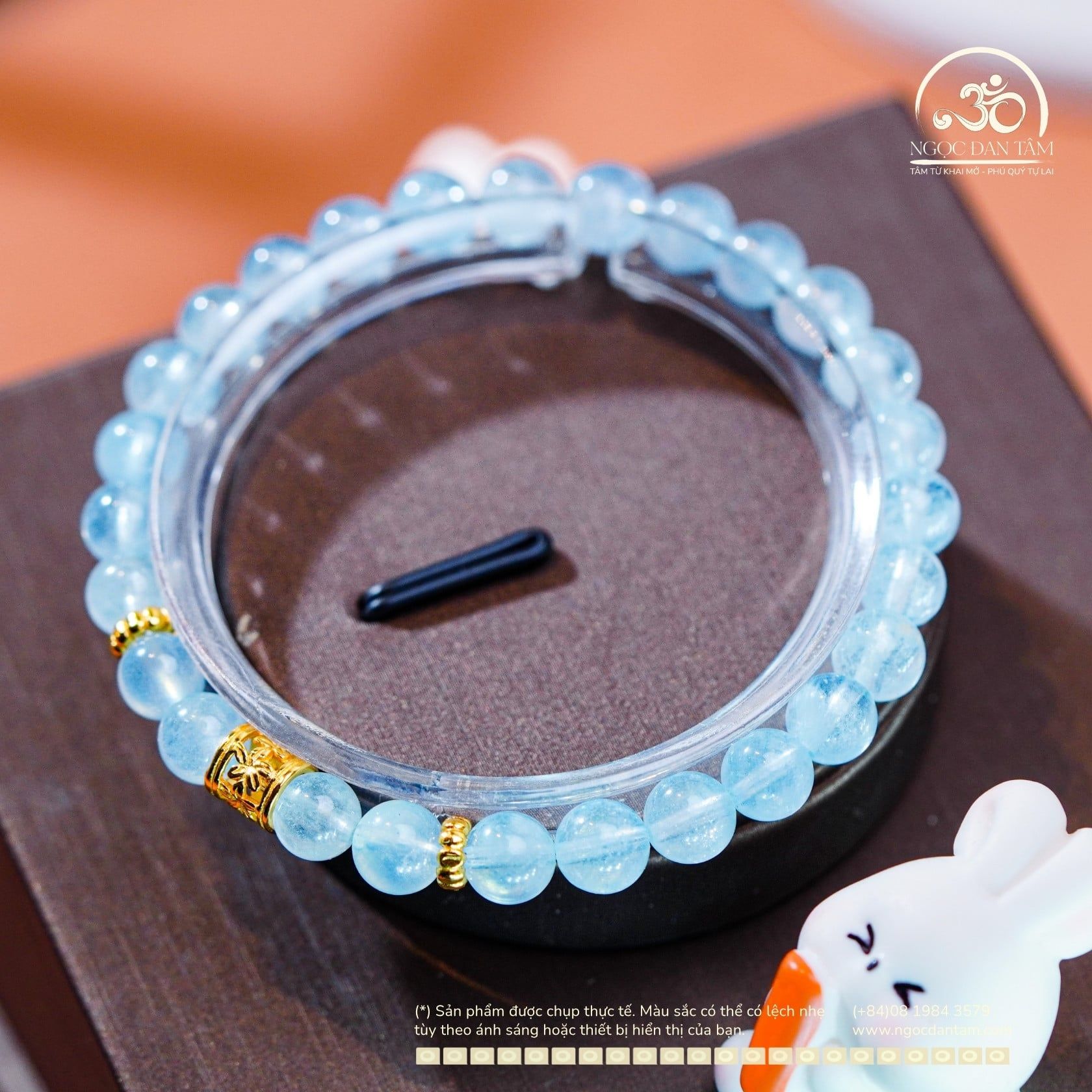  Vòng Tay Đá Aquamarine 6mm 3A Phối Charm Trụ Hoa 5 Cánh 