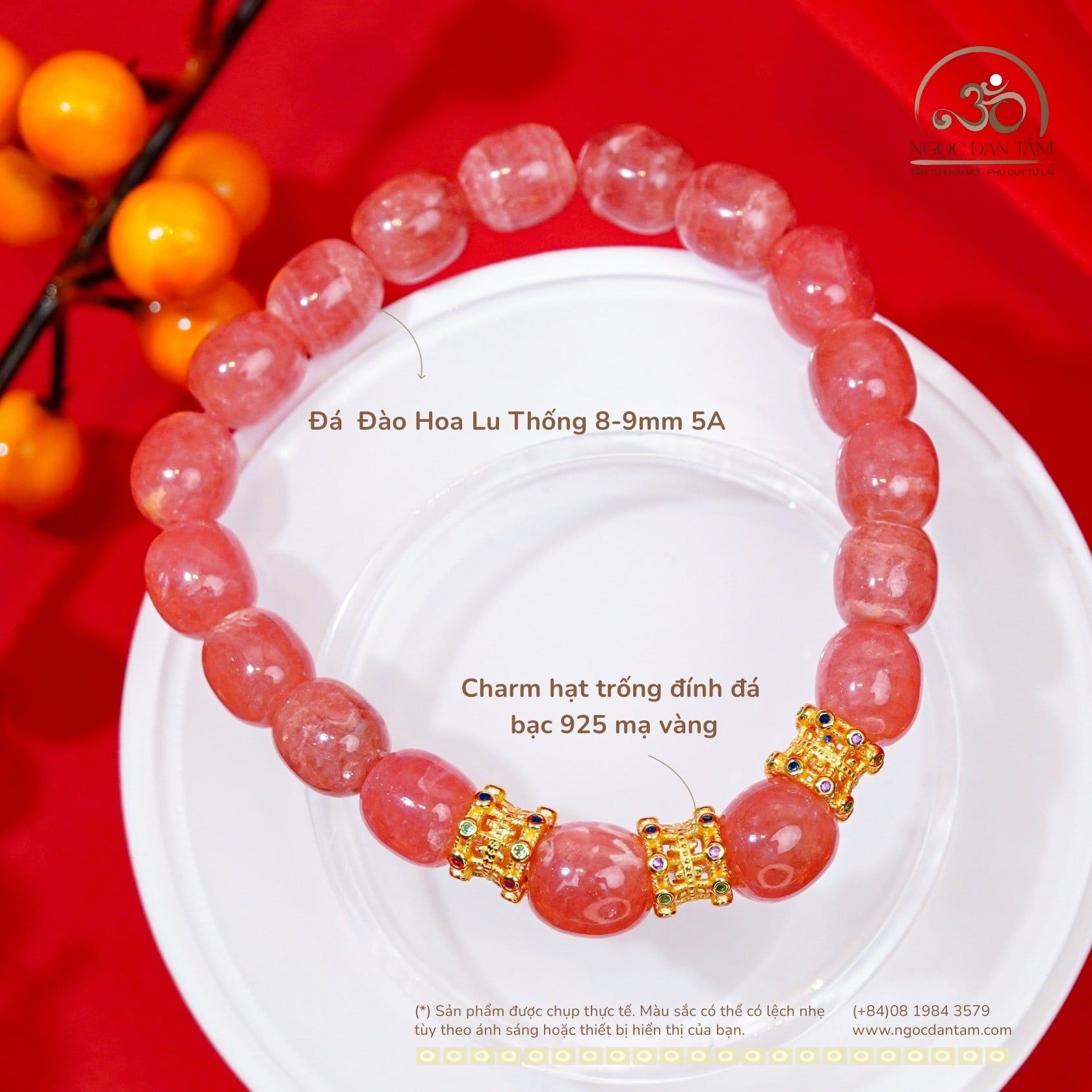  Vòng Tay Đào Hoa Lu Thống 8-9mm 5A Phối Charm Trống Đính Đá 