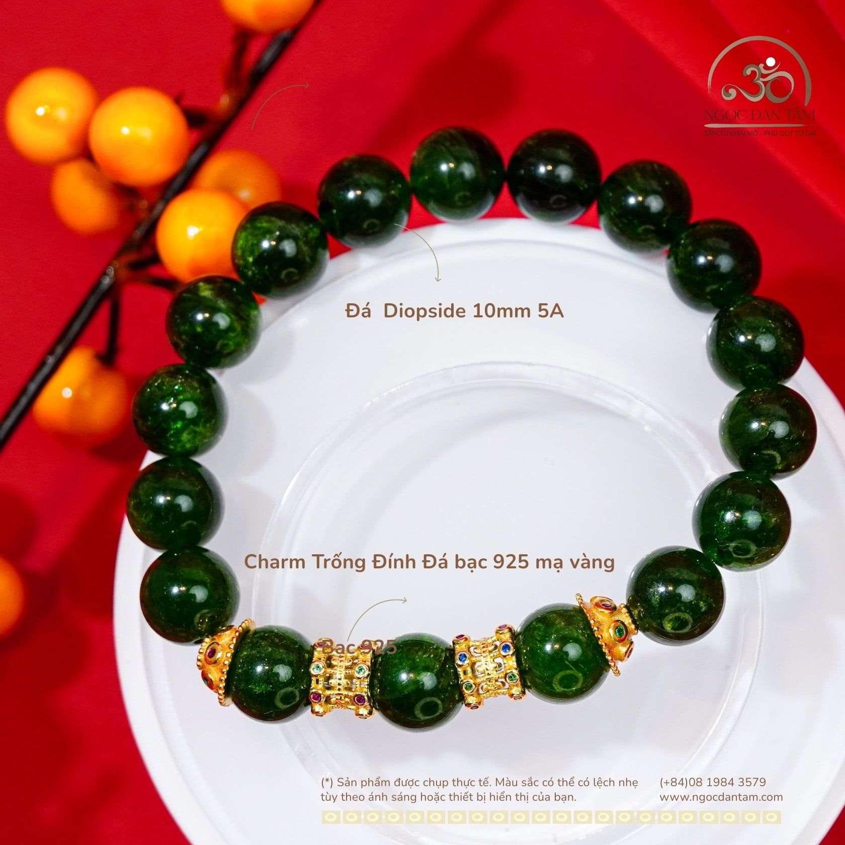 Vòng Tay Diopside 10mm 5A Phối Charm Trống Đính Đá 