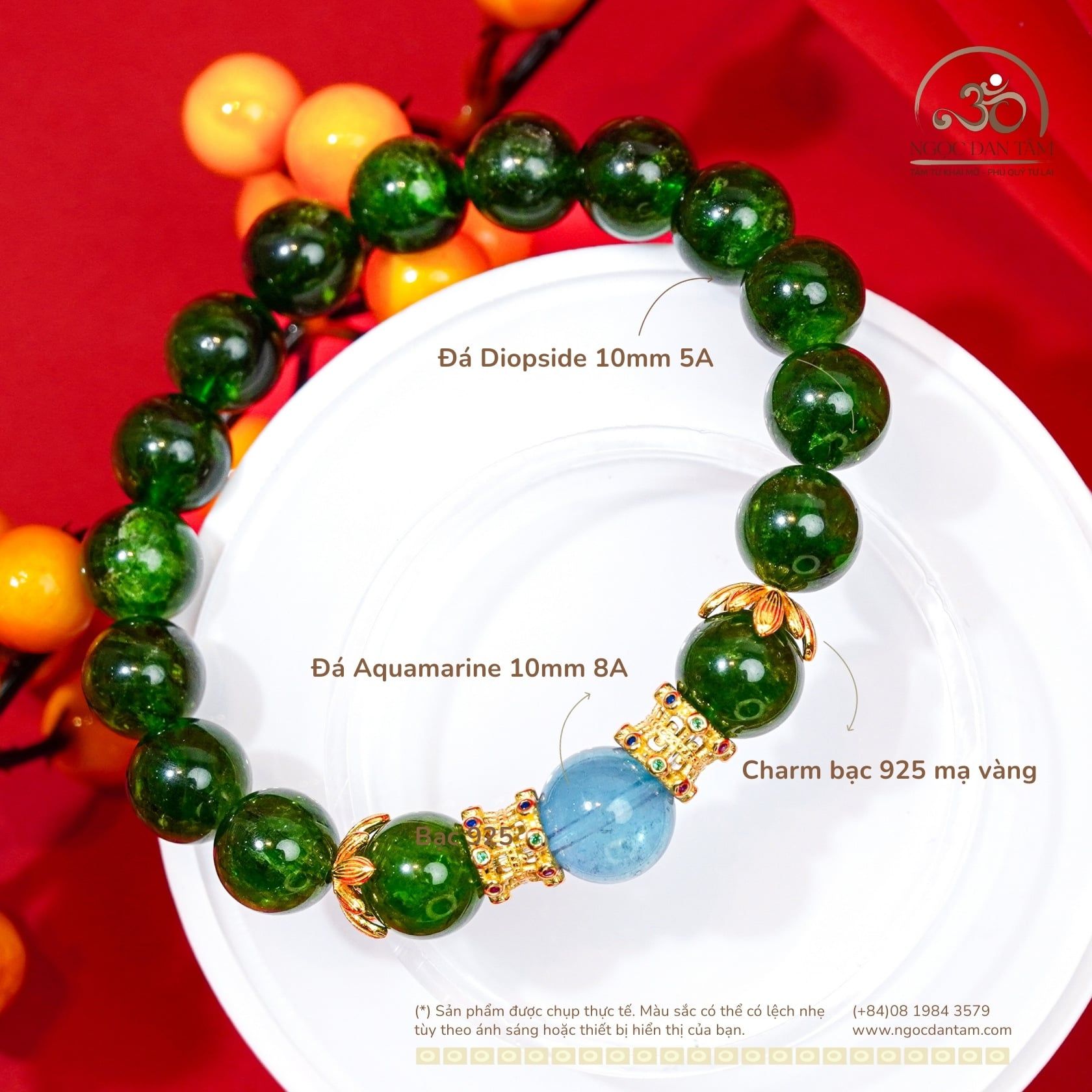  Vòng Tay Diopside 10mm 5A Phối Aquamarine 10mm 8A 