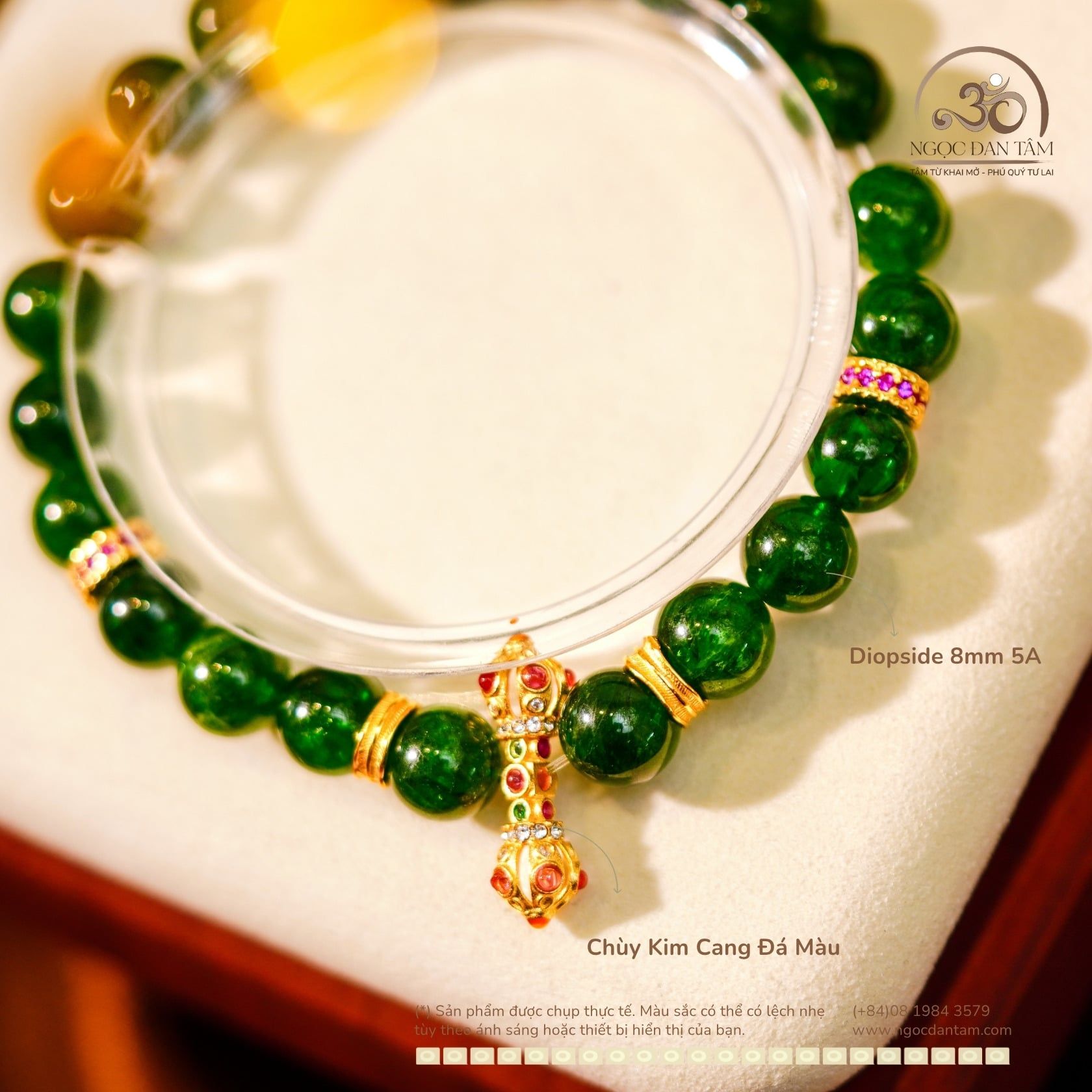  Vòng Tay Diopside 8mm 5A Phối Charm Chùy Kim Cang Đá Màu 