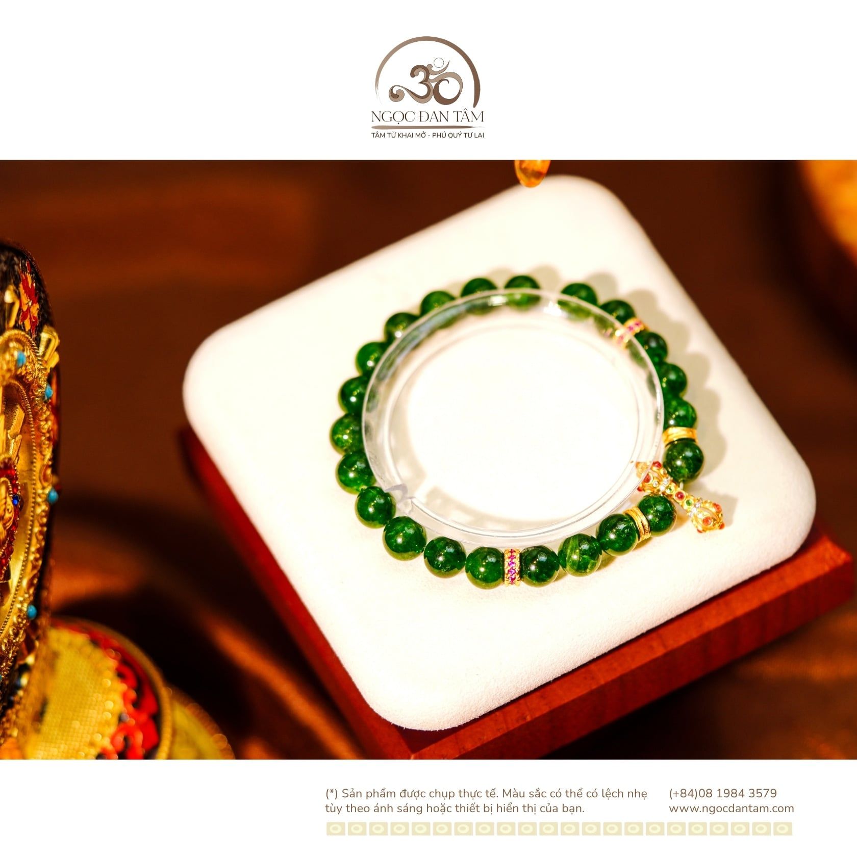  Vòng Tay Diopside 8mm 5A Phối Charm Chùy Kim Cang Đá Màu 