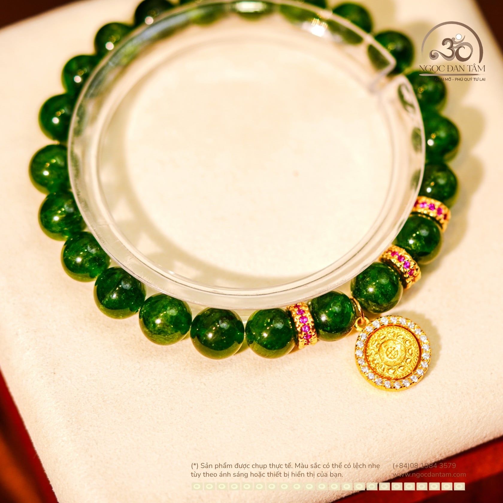  Vòng Tay Diopside 8mm 5A Phối Charm Mặt Dây Chuyền 12 Con Giáp Vòng Xoay Đính Đá 