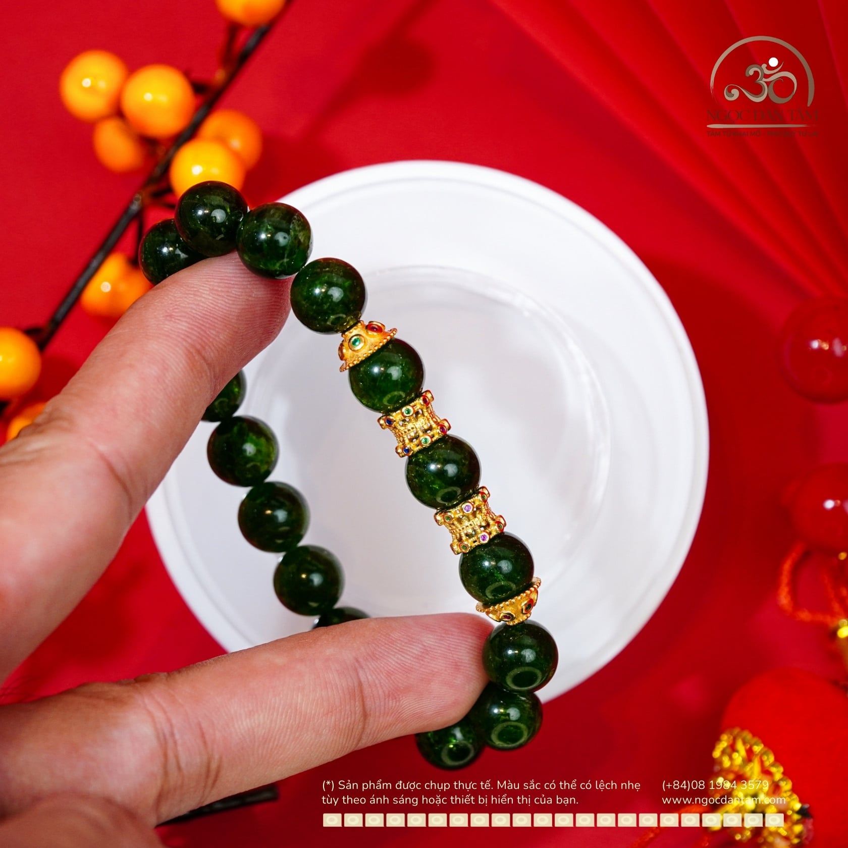  Vòng Tay Diopside 10mm 5A Phối Charm Trống Đính Đá 