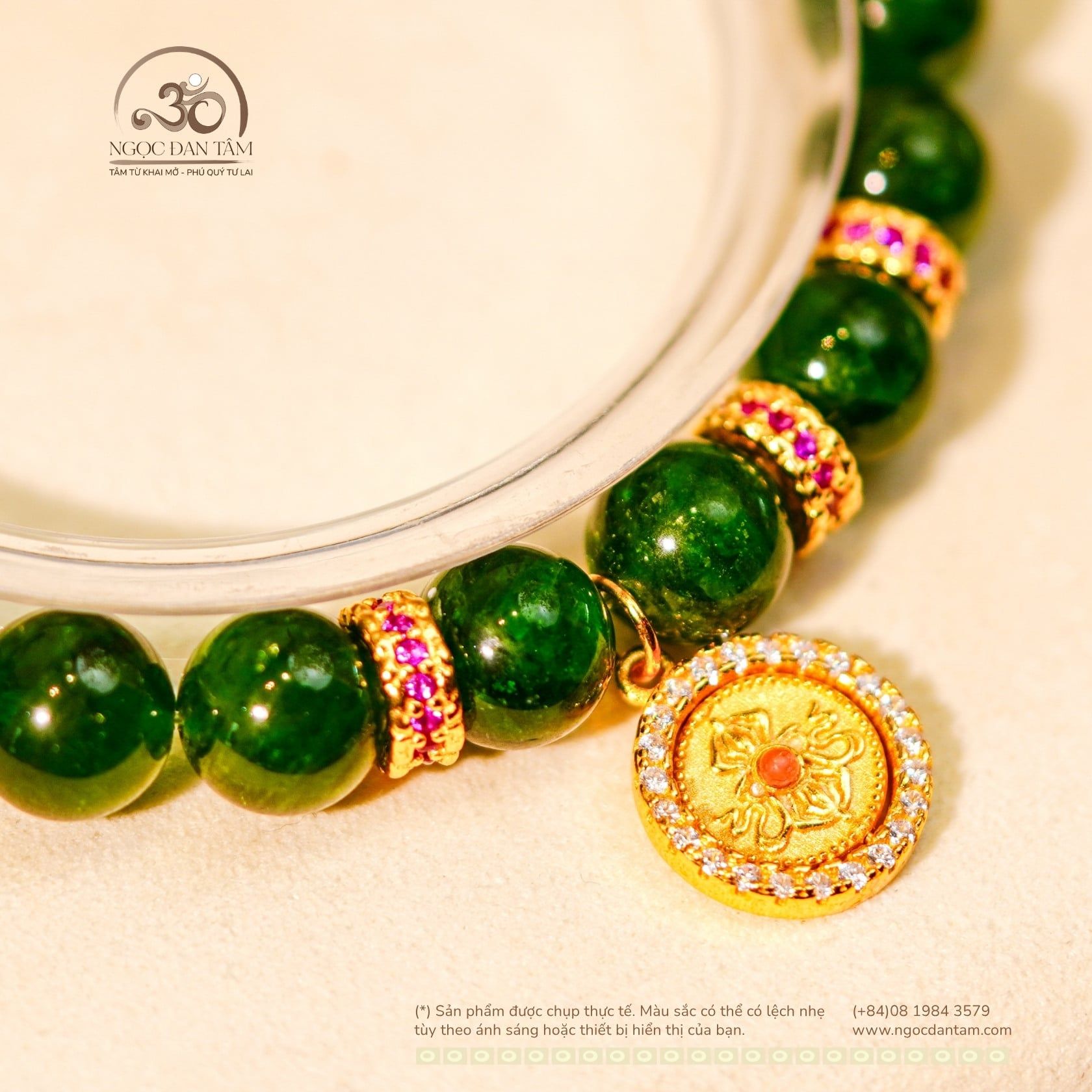  Vòng Tay Diopside 8mm 5A Phối Charm Mặt Dây Chuyền 12 Con Giáp Vòng Xoay Đính Đá 