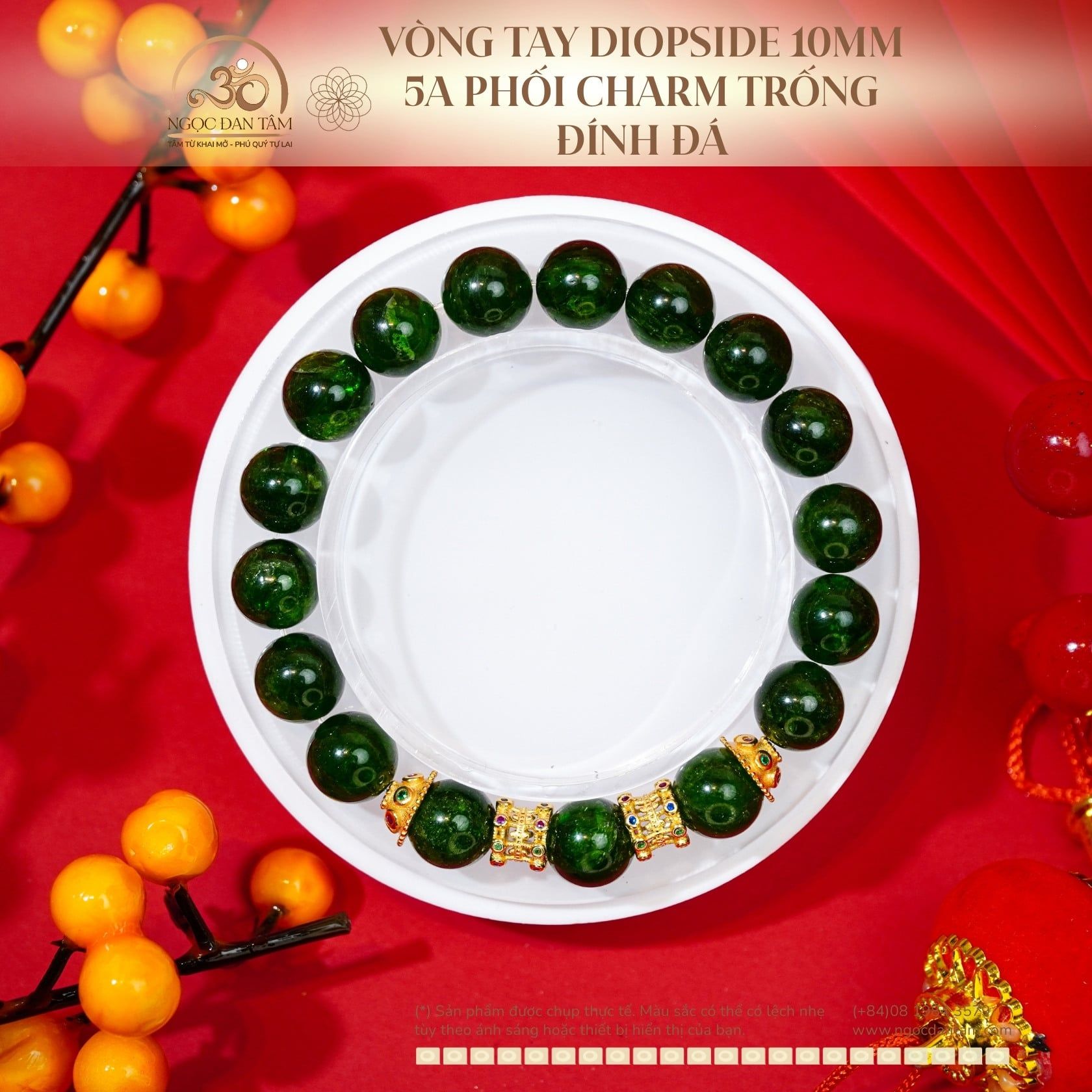  Vòng Tay Diopside 10mm 5A Phối Charm Trống Đính Đá 