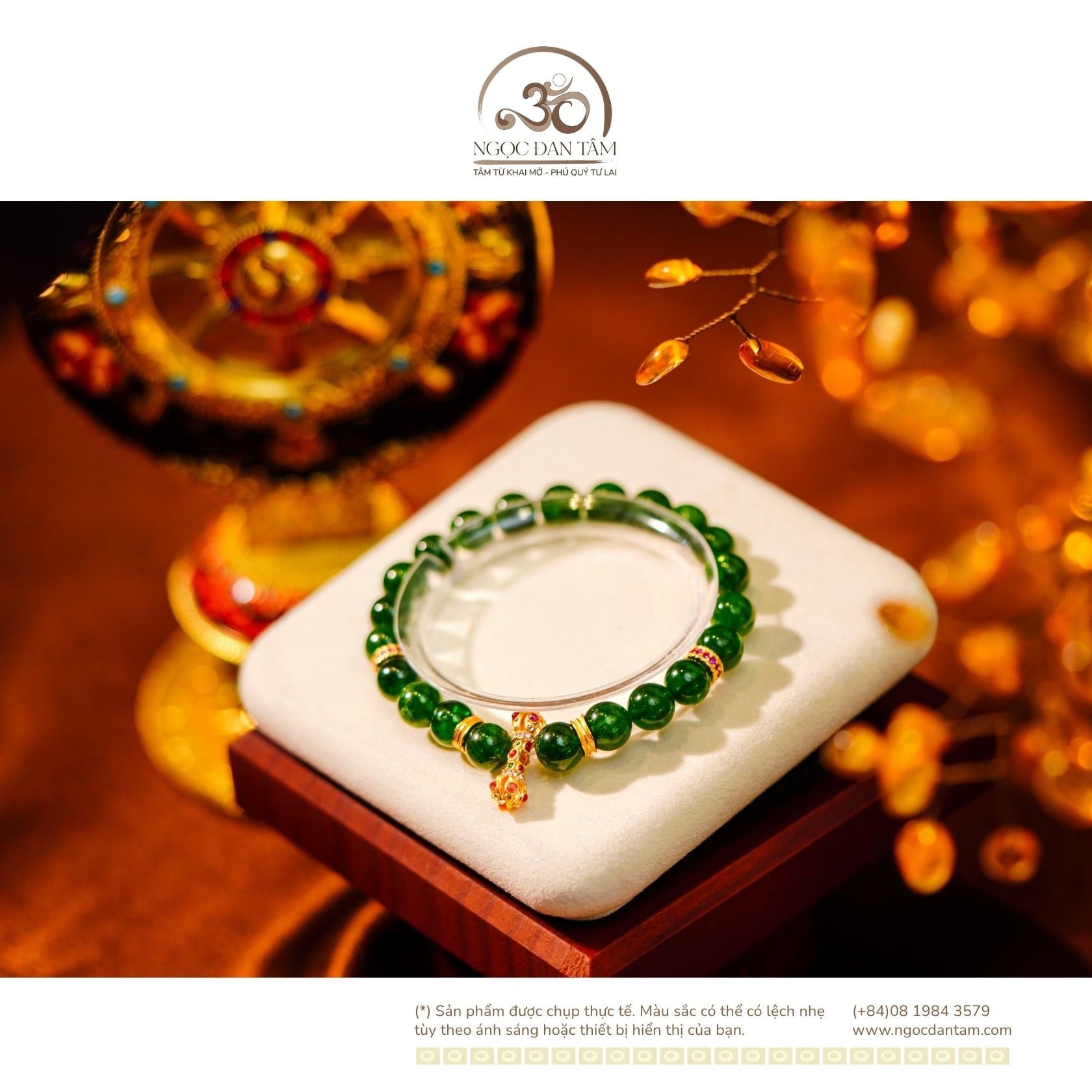  Vòng Tay Diopside 8mm 5A Phối Charm Chùy Kim Cang Đá Màu 