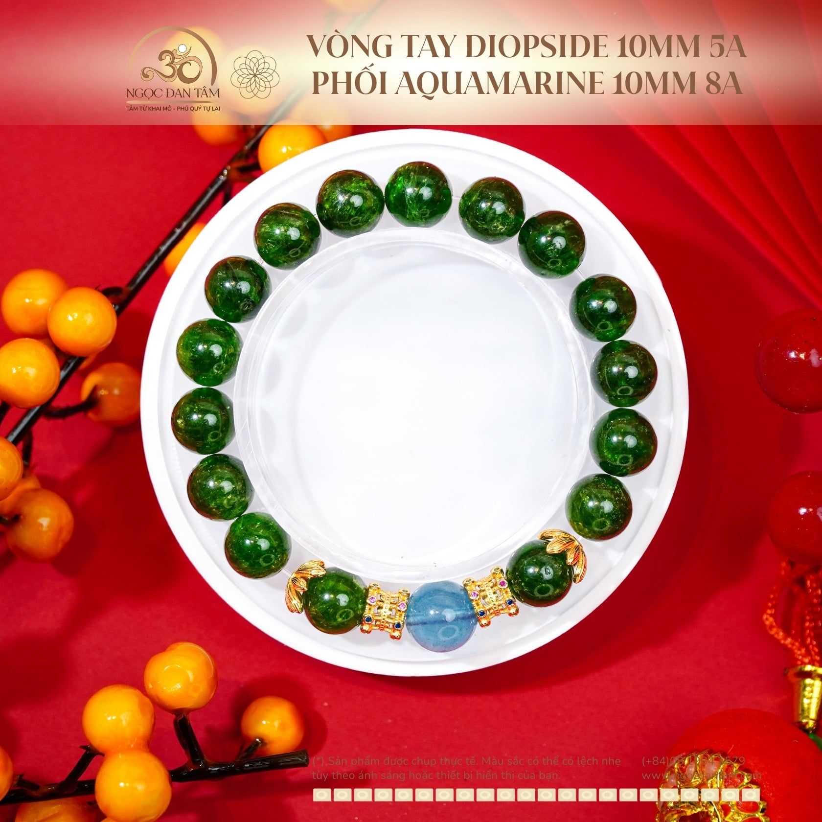  Vòng Tay Diopside 10mm 5A Phối Aquamarine 10mm 8A 