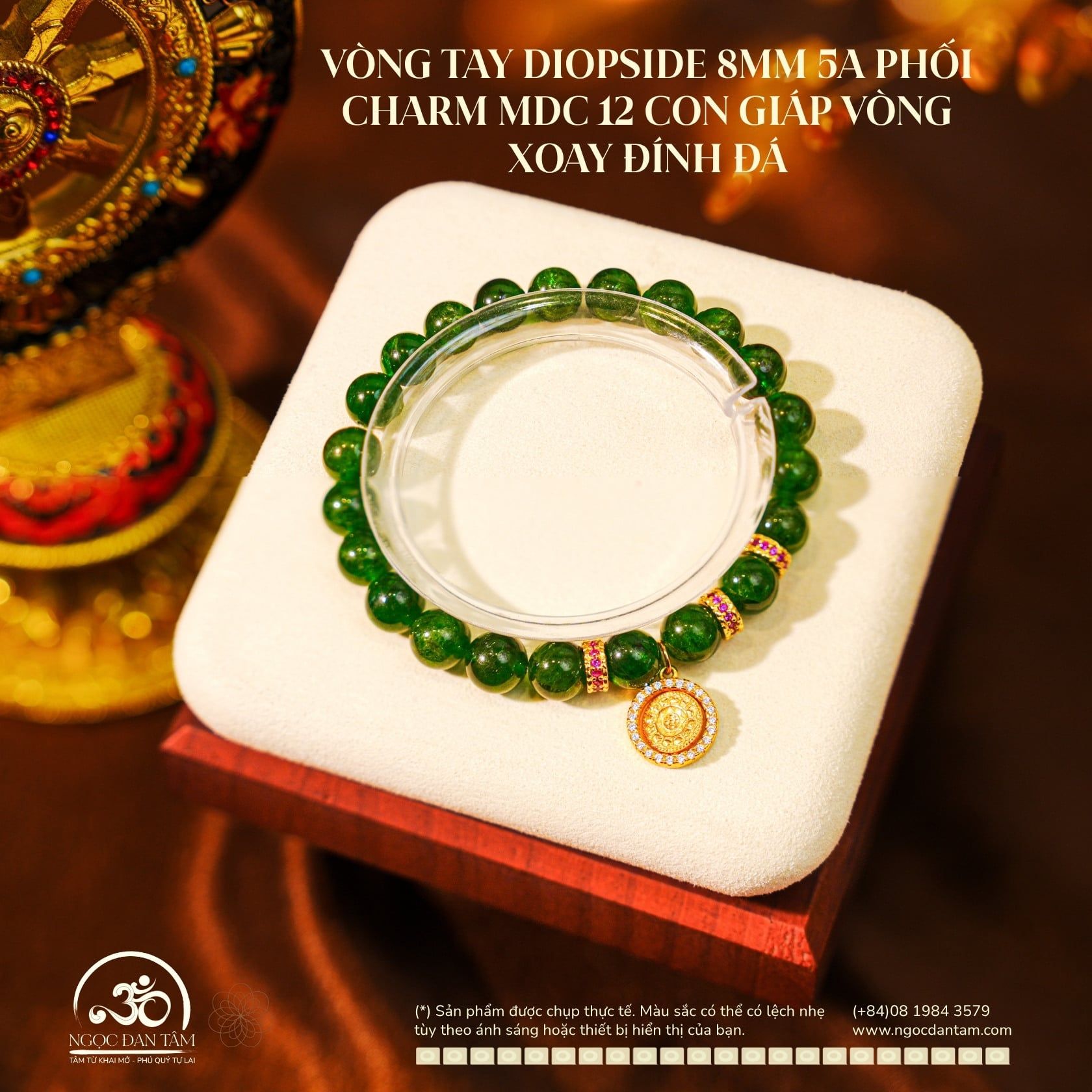 Vòng Tay Diopside 8mm 5A Phối Charm Mặt Dây Chuyền 12 Con Giáp Vòng Xoay Đính Đá 