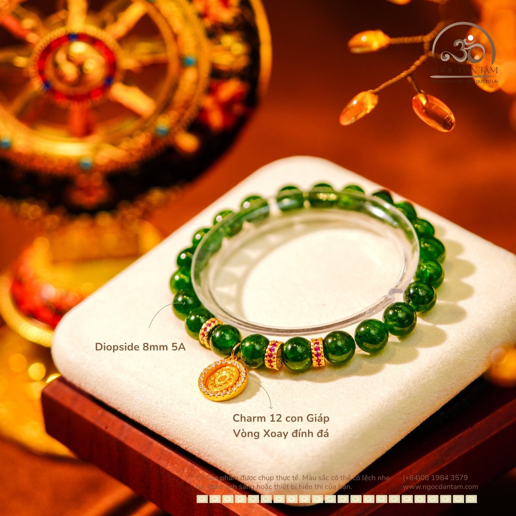  Vòng Tay Diopside 8mm 5A Phối Charm Mặt Dây Chuyền 12 Con Giáp Vòng Xoay Đính Đá 