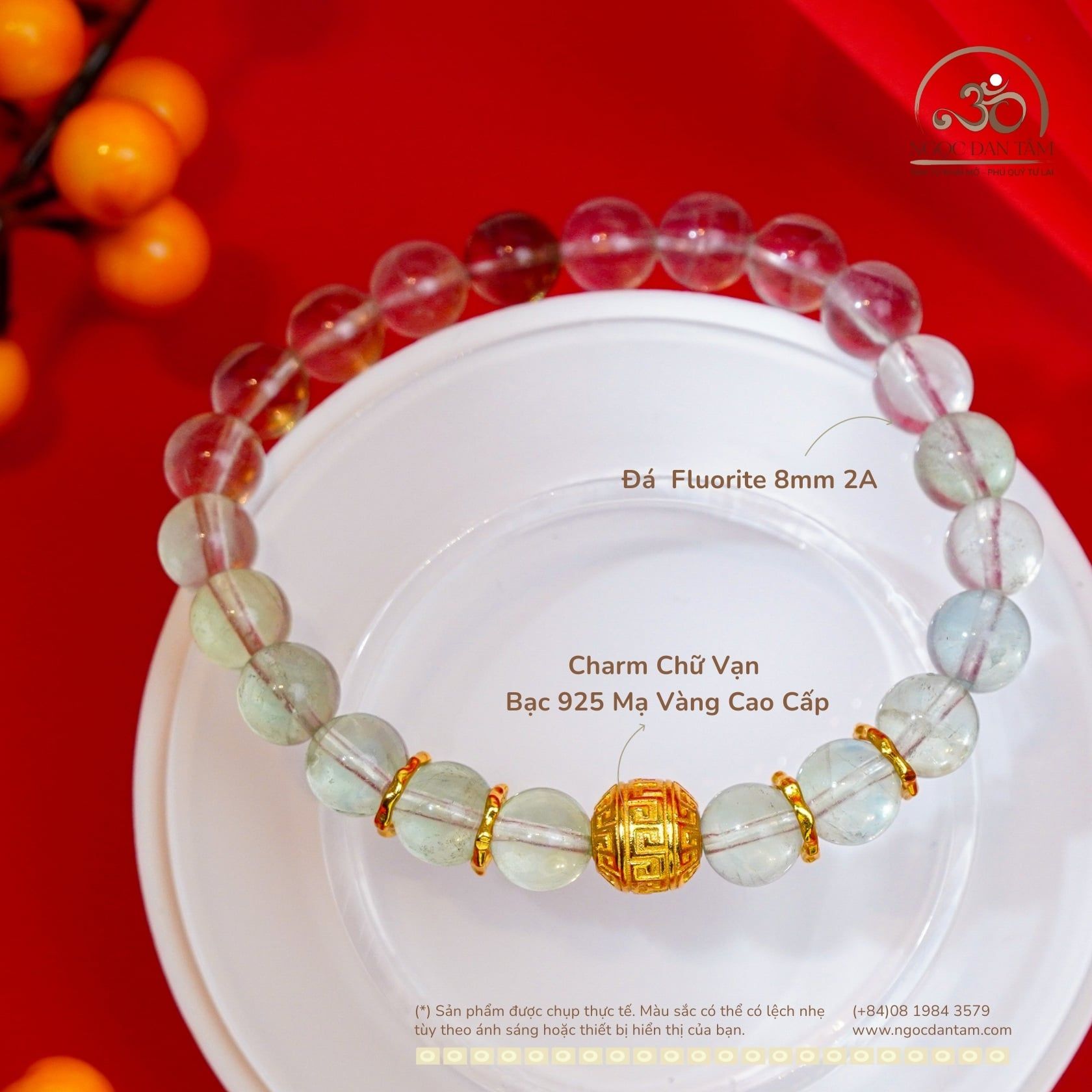  Vòng Tay Fluorite 8mm 2A Phối Charm Chữ Vạn Mạ Vàng 