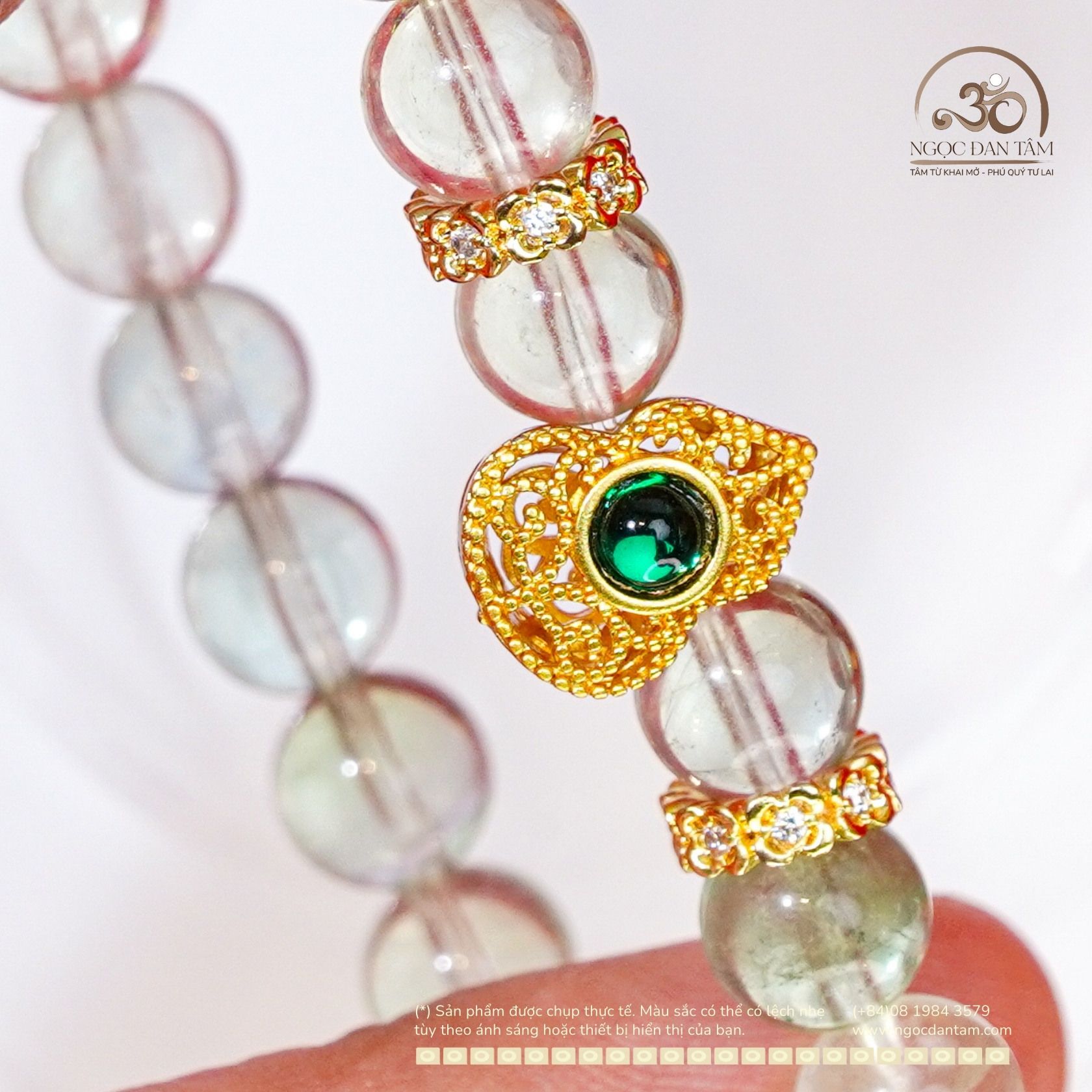  Vòng Tay Đá Fluorite Xanh 8mm Phối Charm Ngọc Bích Hồ Lô 